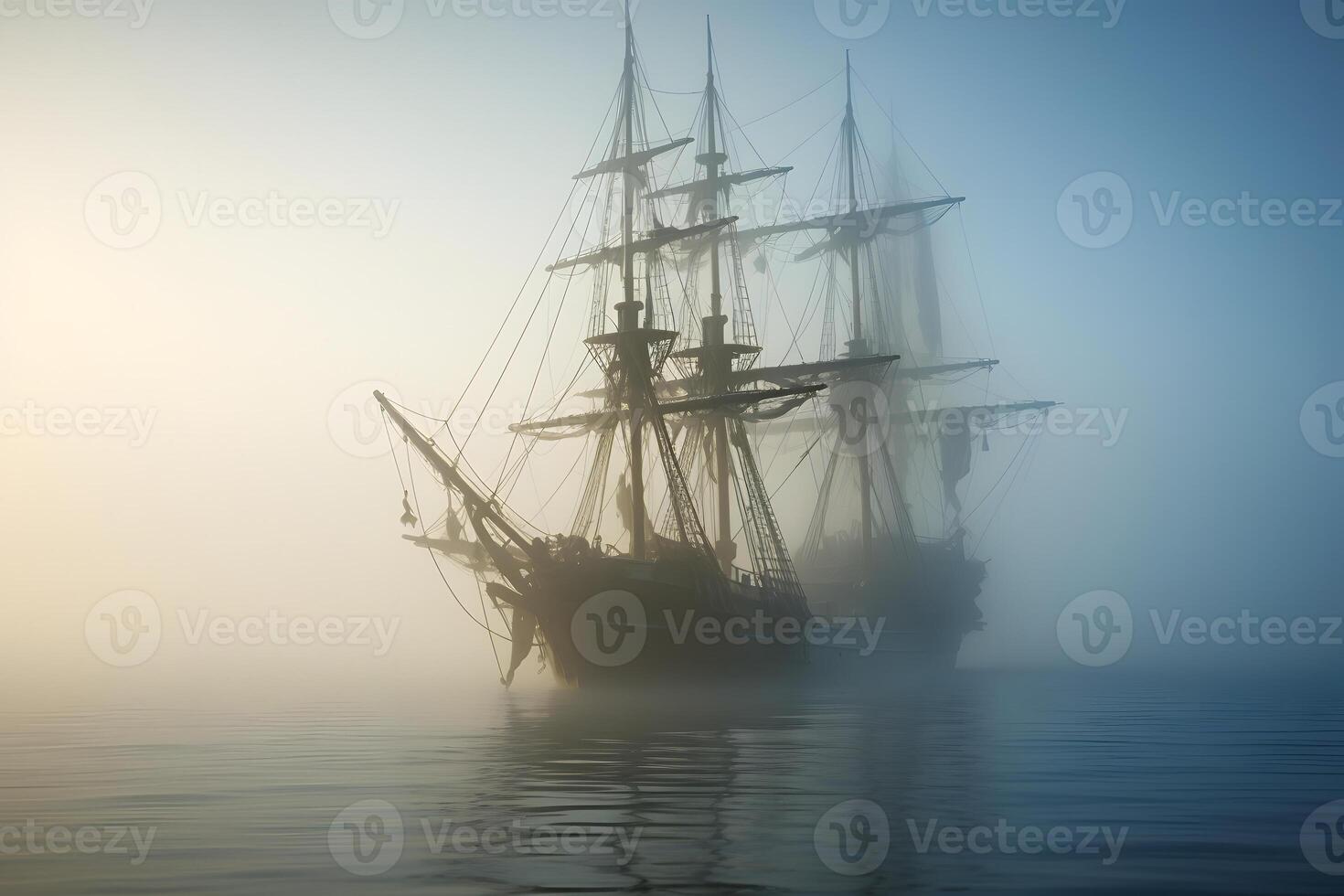 AI generated spectral ghost ship at foggy morning or evening. Neural network generated image photo