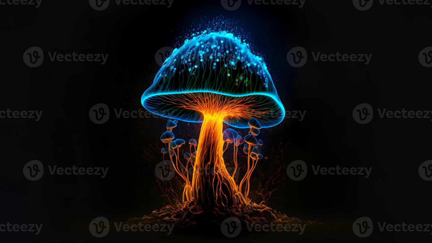 AI generated glowing magic mushroom on black background, neural network generated art photo