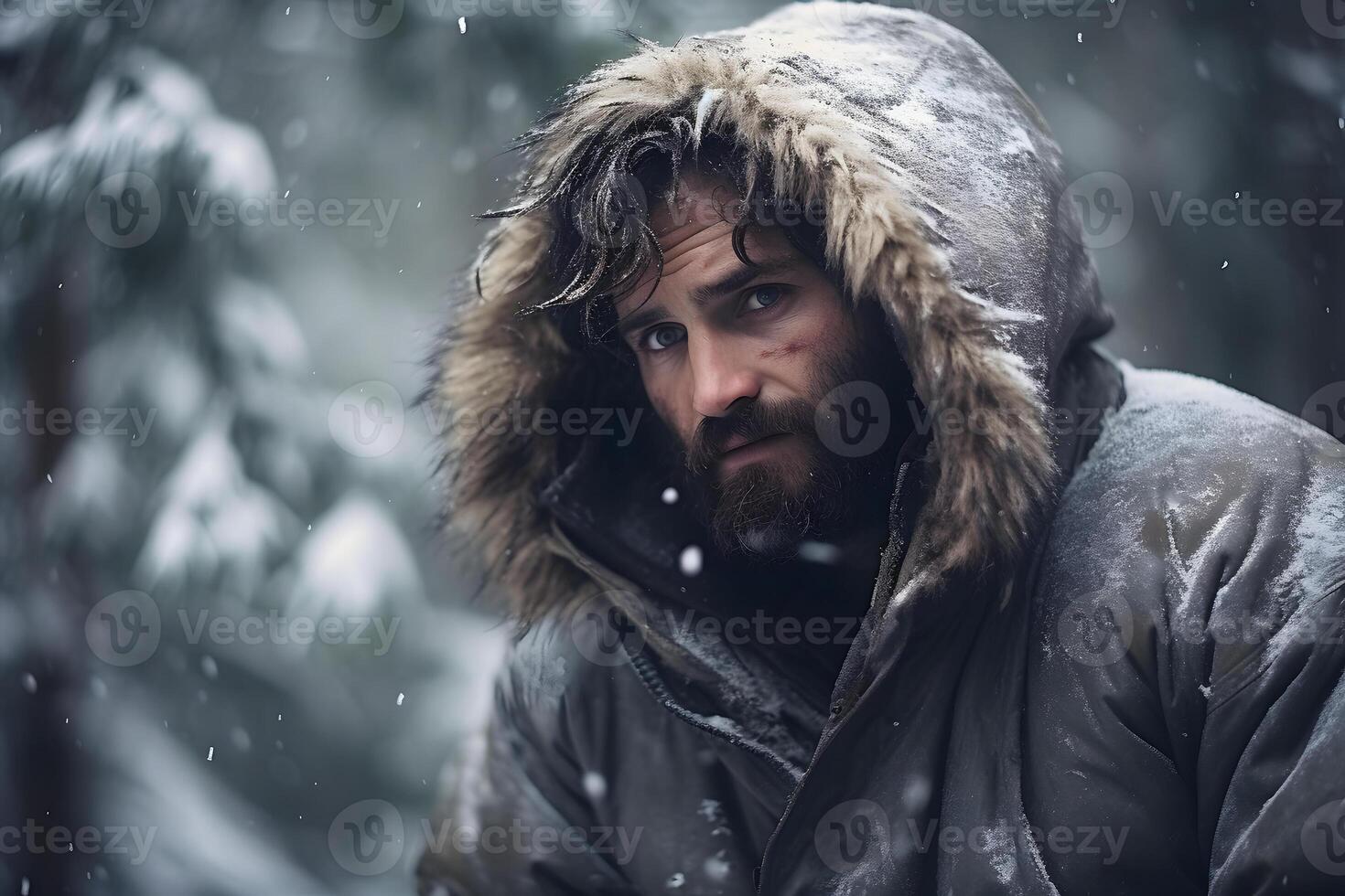 AI generated Young adult Caucasian man in winter forest at snowy day, neural network generated photorealistic image photo