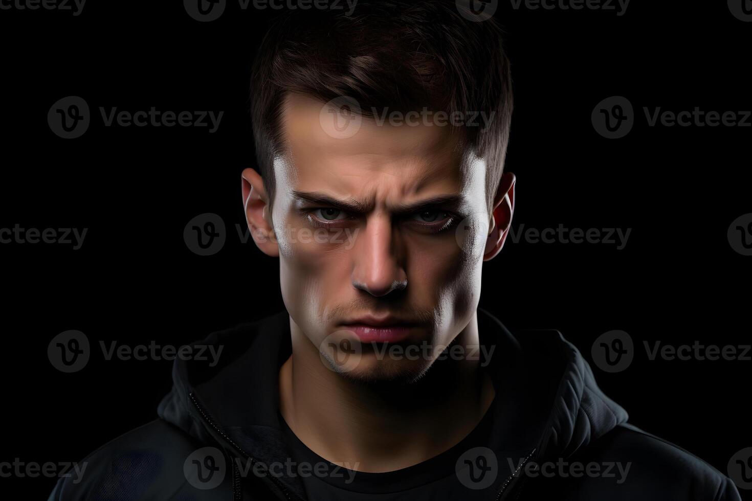 AI generated Sulking young adult Caucasian man, head and shoulders portrait on black background. Neural network generated photorealistic image. photo