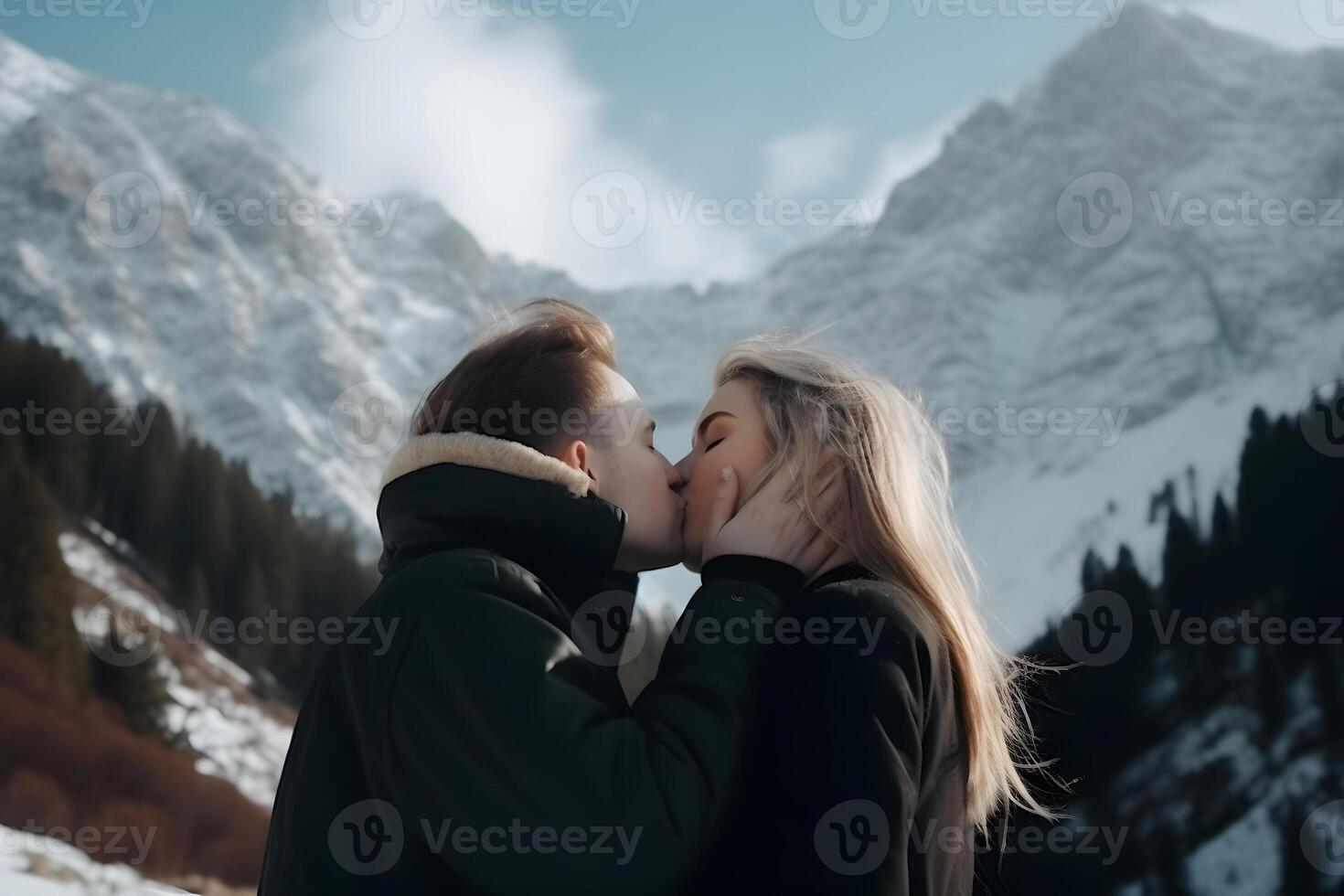 ai generado amoroso Pareja besos en montañas en antecedentes de nieve cubierto pico a luz, neural red generado imagen foto