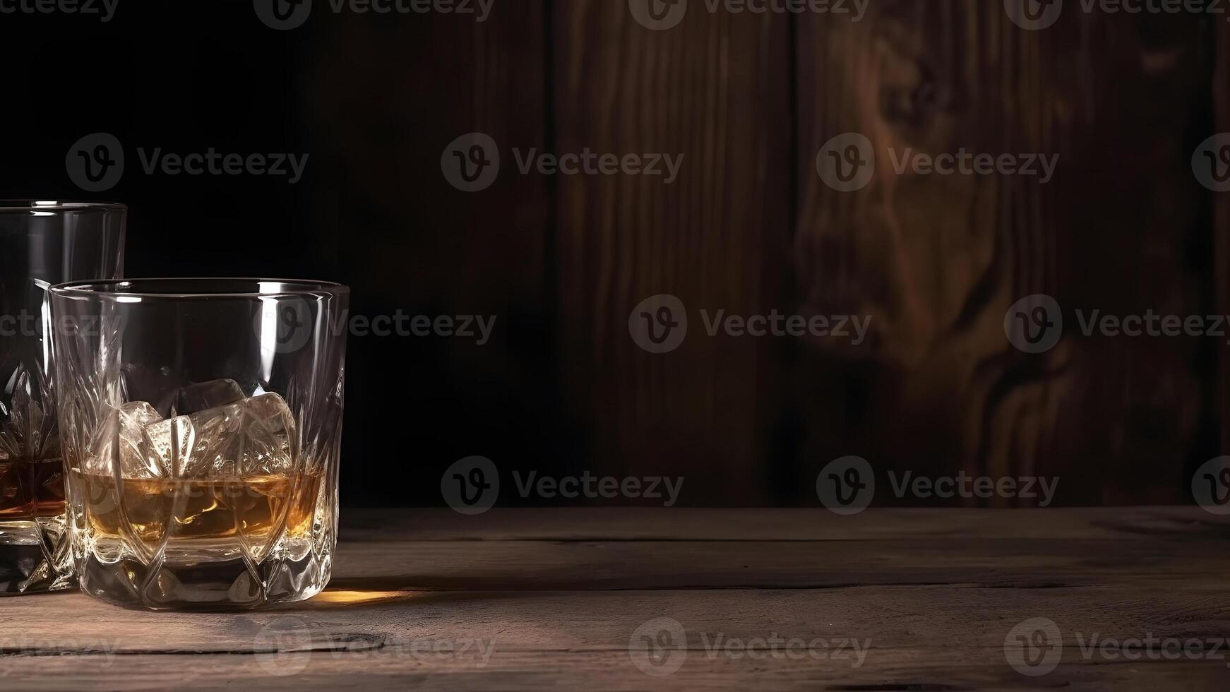 AI generated Whiskey on rocks in glass on rustic wooden background with copy space, neural network generated image photo