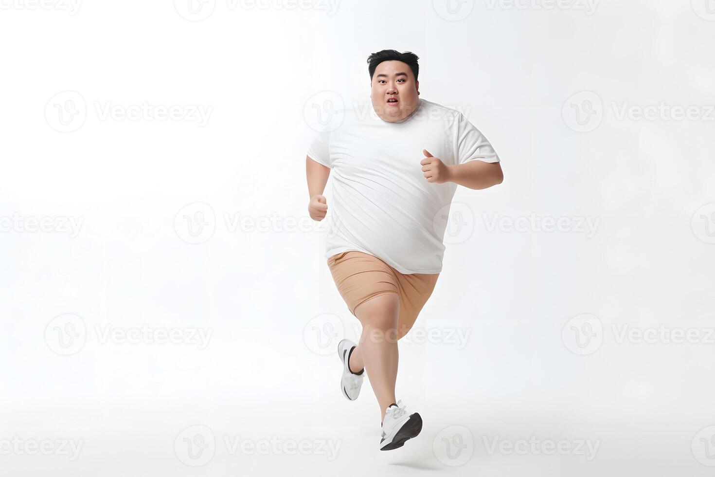 ai generado exceso de peso asiático hombre corriendo en blanco fondo, concepto de exceso de peso y peso pérdida. neural red generado fotorrealista imagen foto