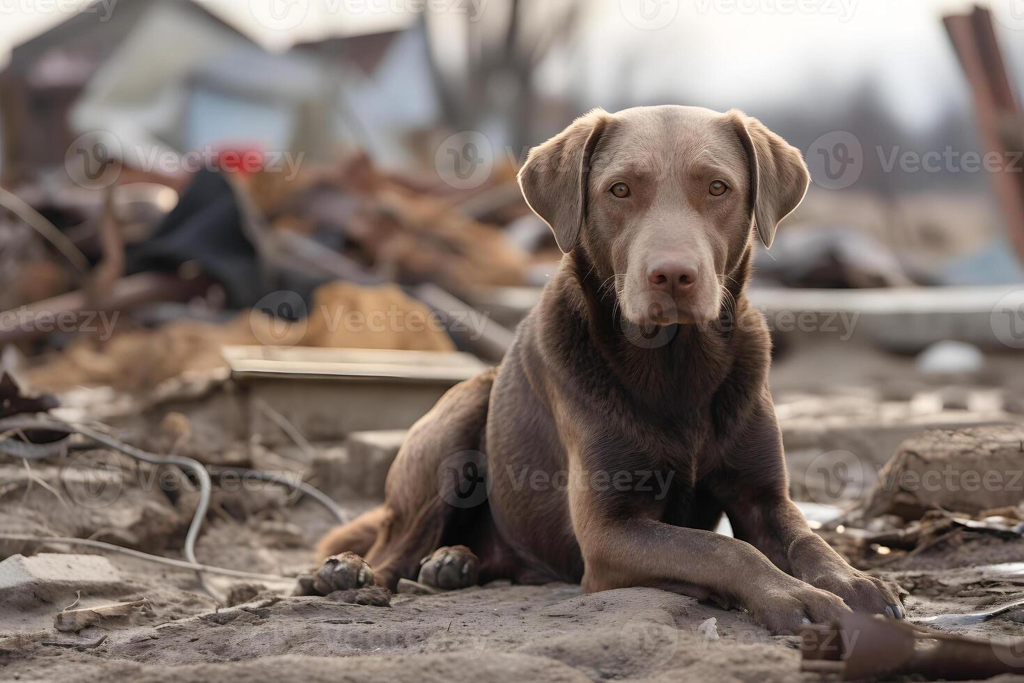 AI generated alone wet and dirty Labrador Retriever after disaster on the background of house rubble, neural network generated image photo