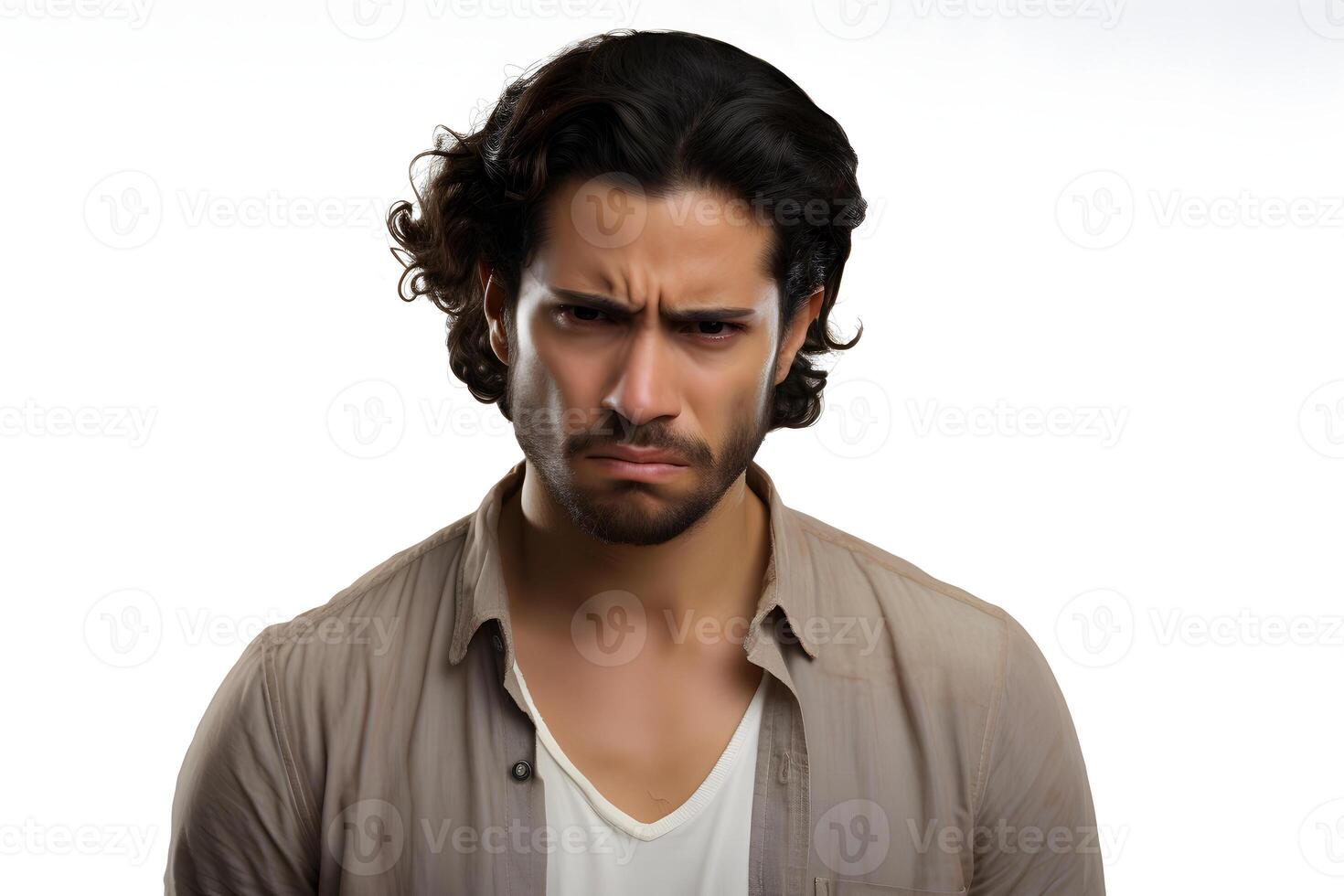 AI generated Sulking young adult Latin American man, head and shoulders portrait on white background. Neural network generated photorealistic image. photo