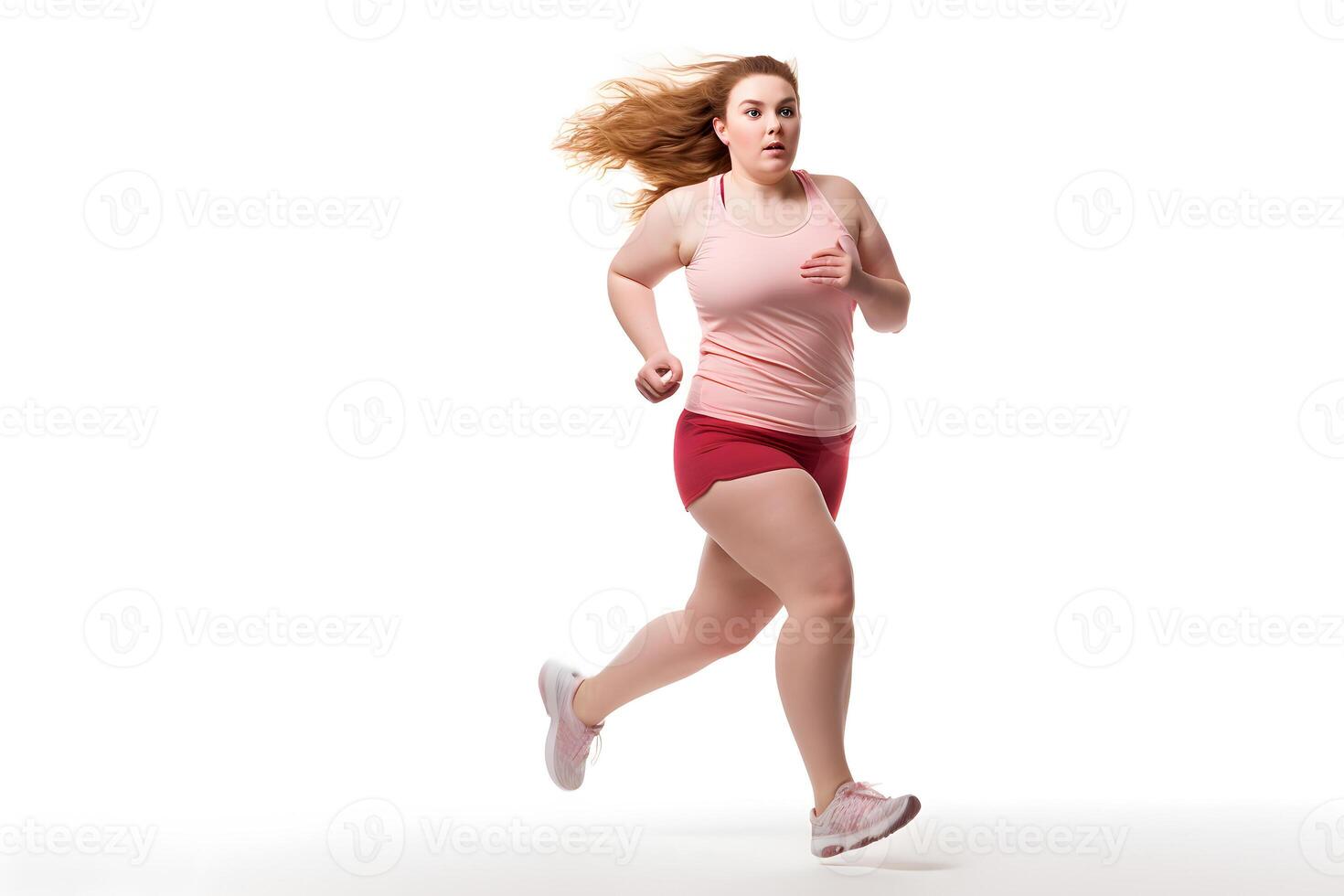 ai generado exceso de peso joven adulto caucásico mujer corriendo en blanco fondo, concepto de exceso de peso y peso pérdida. neural red generado fotorrealista imagen foto