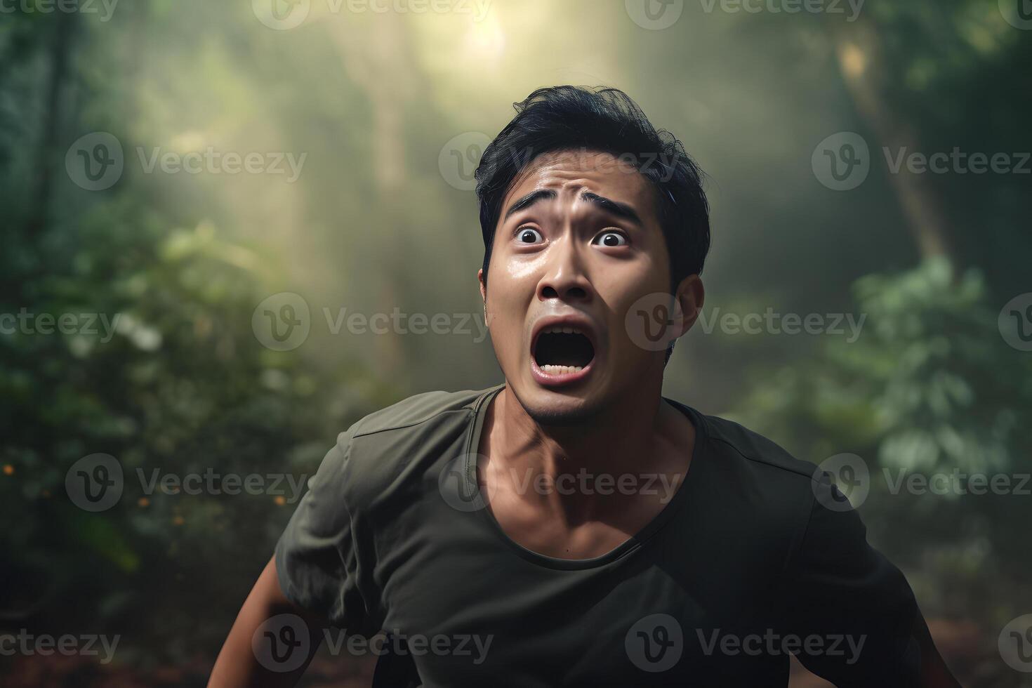 AI generated scared Asian young adult man lost in forest at summer, neural network generated photorealistic image photo