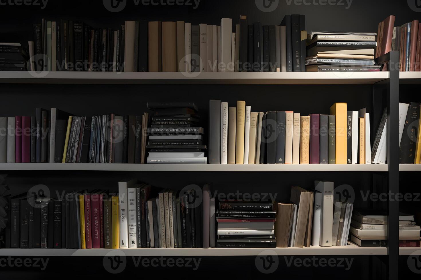 AI generated many books on shelf - full-frame view, neural network ai generated photo