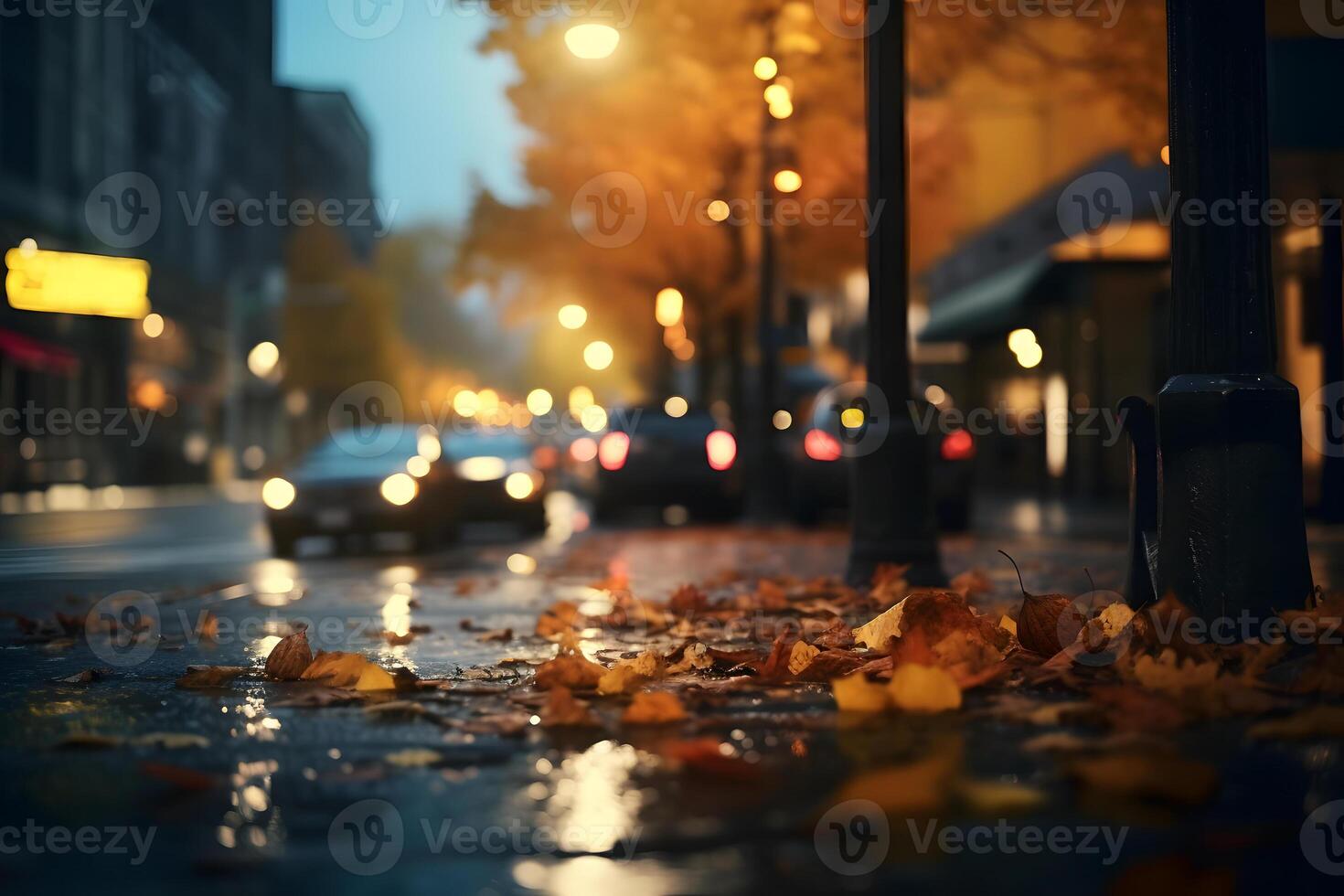 AI generated American downtown street view at autumn evening , neural network generated image photo