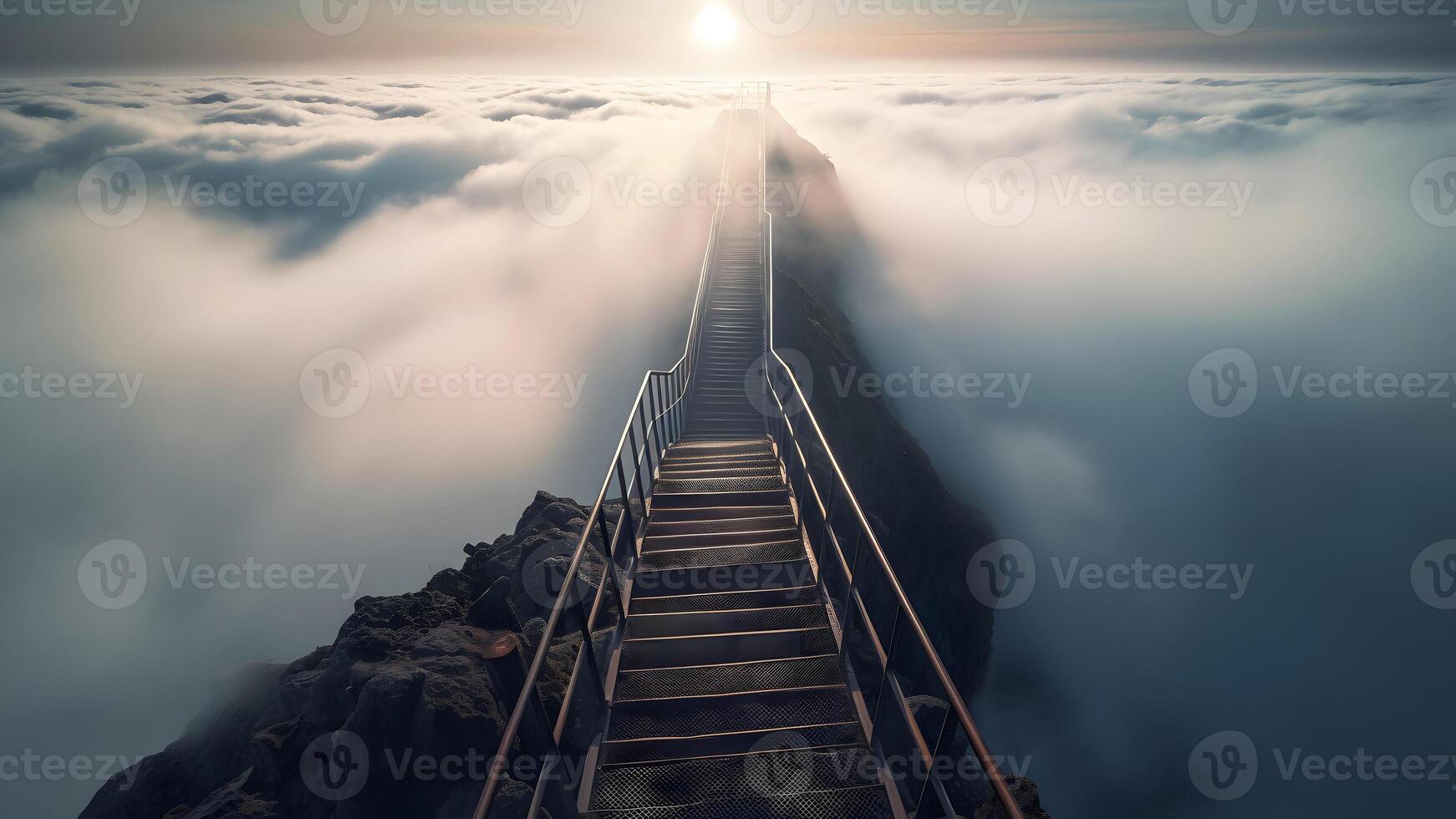 AI generated stairway to heaven on green mountain chine, neural network generated image photo