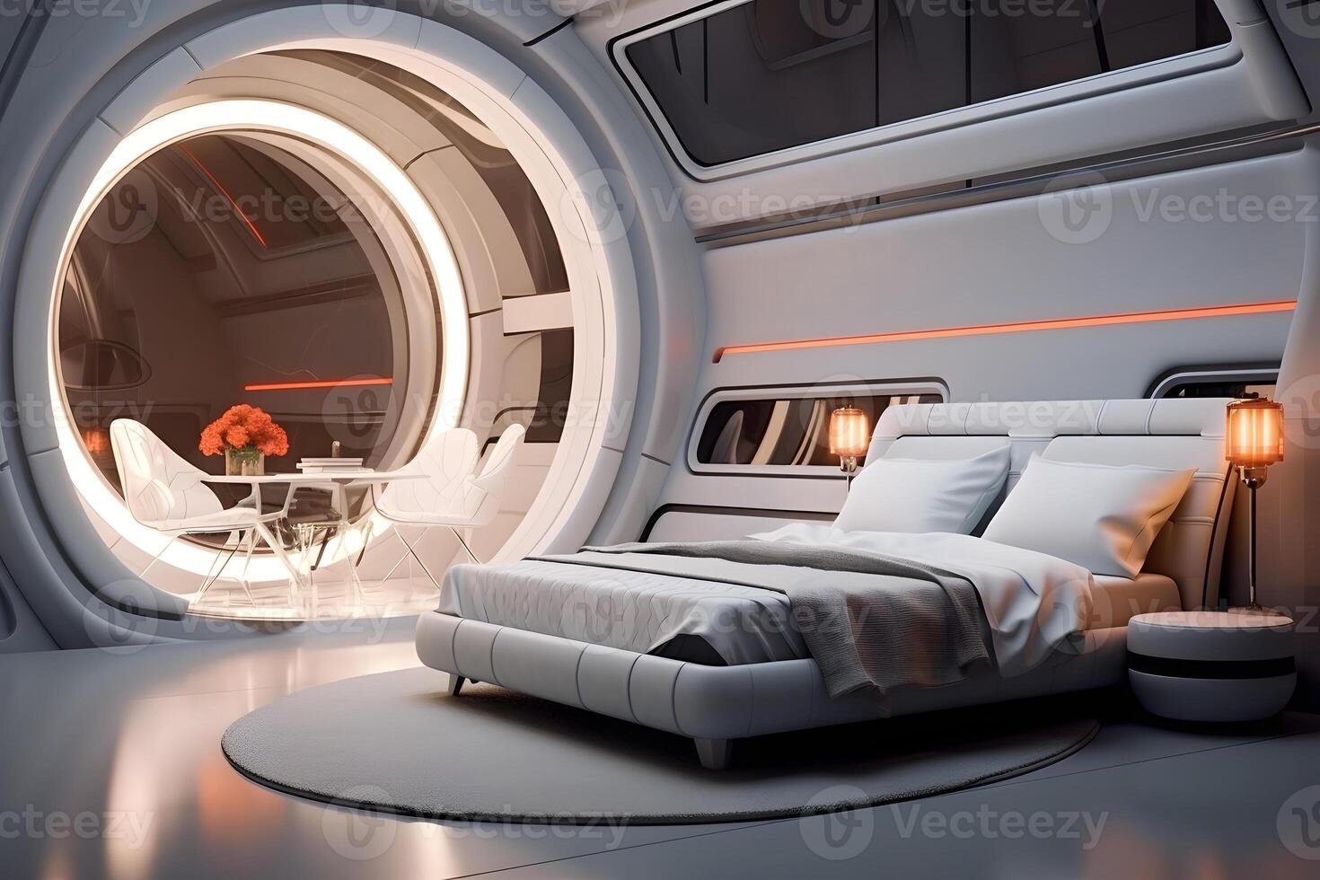 AI generated futuristic white moon base bedroom interior, neural network generated image photo