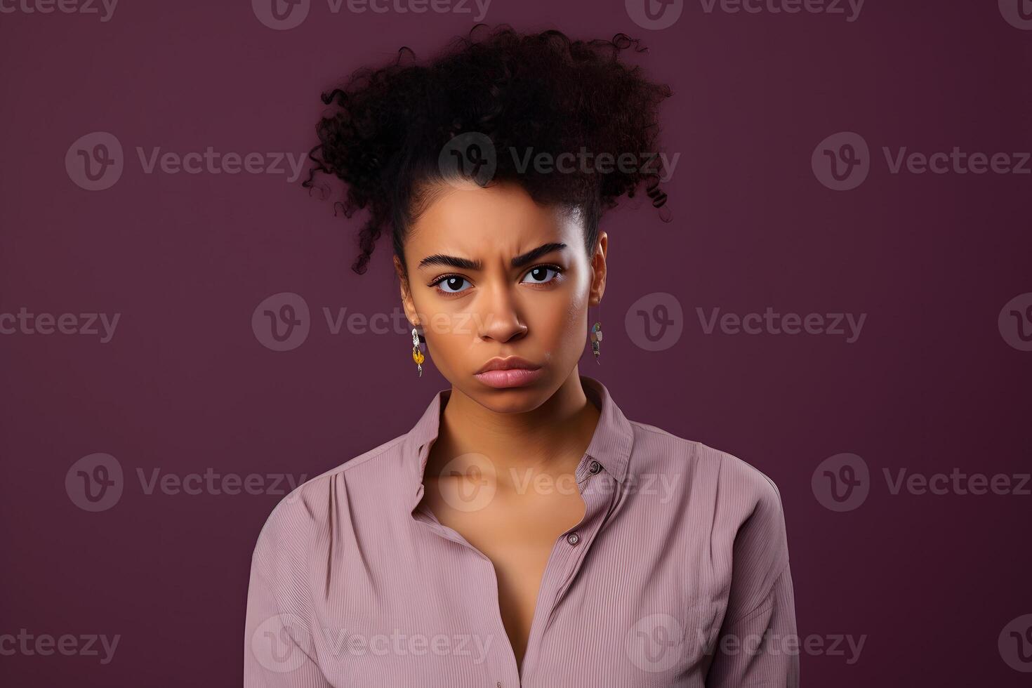 AI generated Young adult African American woman, head and shoulders portrait on magenta background. Neural network generated photorealistic image photo