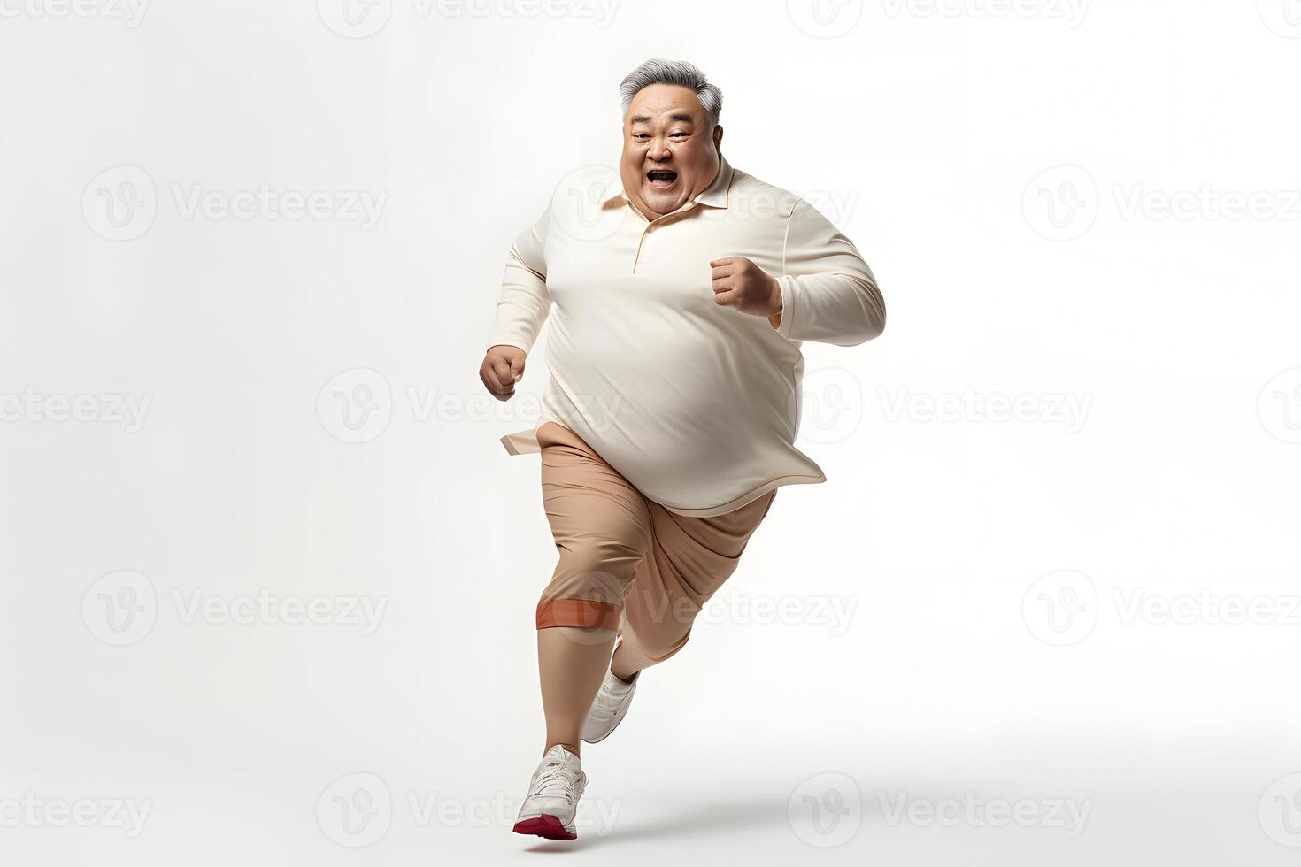 AI generated Overweight senior Asian man running on white background, concept of overweight and weight loss. Neural network generated photorealistic image photo