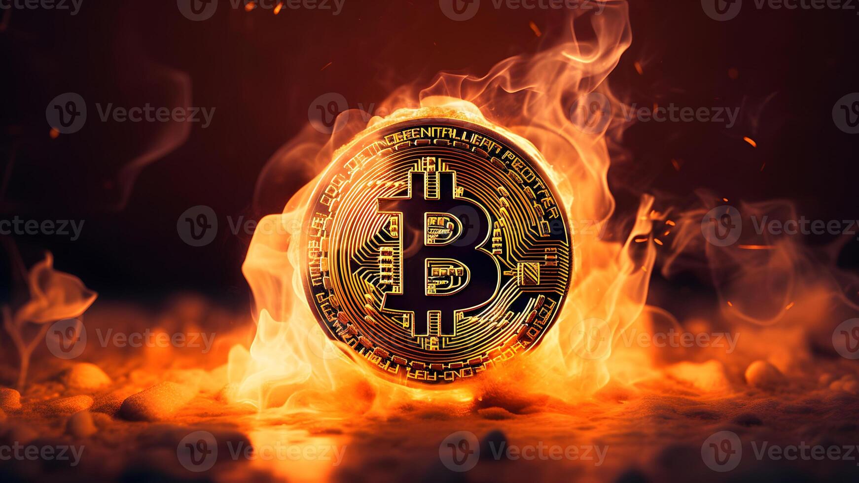 AI generated bitcoin on fire, neural network generated photorealistic image photo