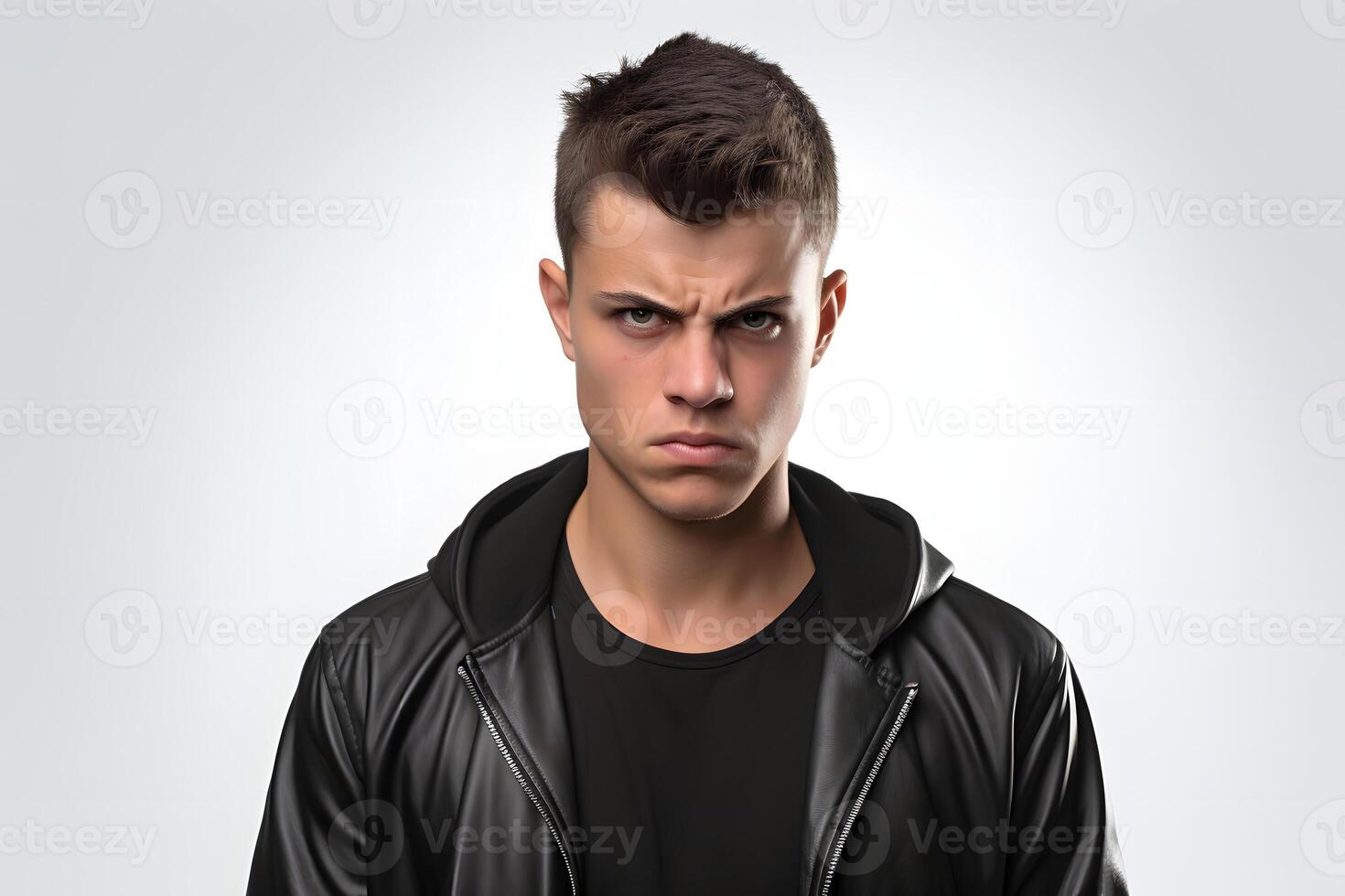 AI generated Sulking young adult Caucasian man, head and shoulders portrait on white background. Neural network generated photorealistic image. photo