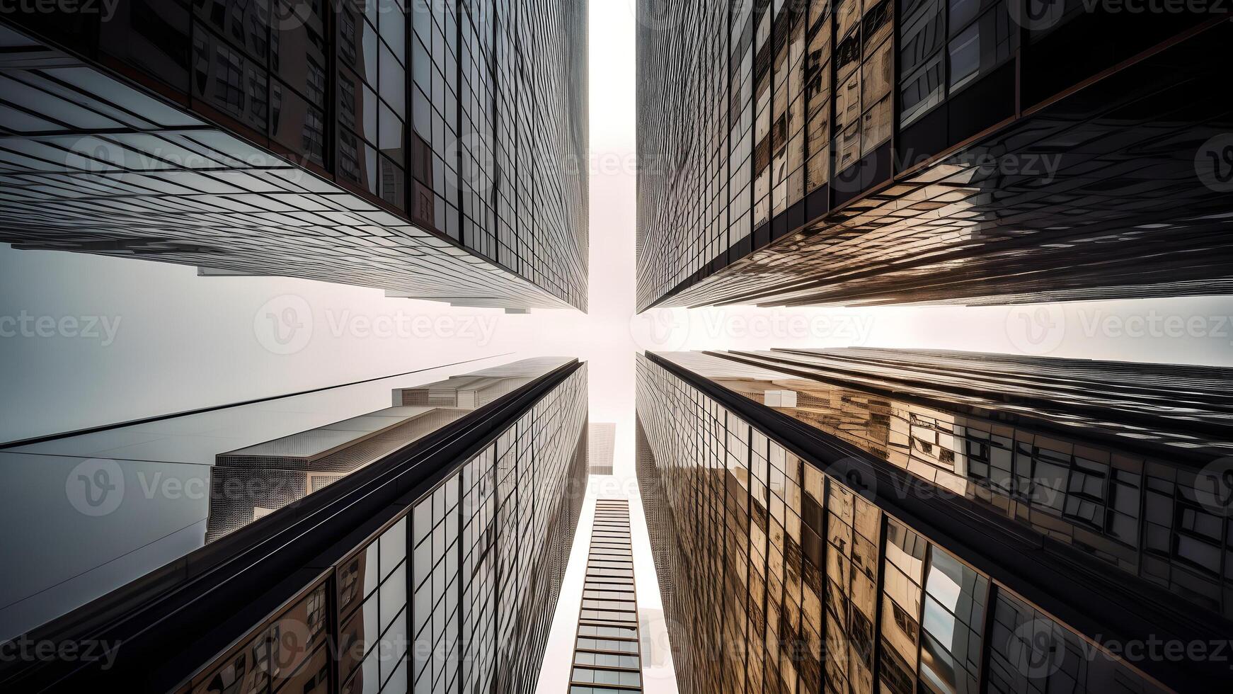 AI generated A low-angle view of a citys skyscrapers from the ground level in upward direction, neural network generated image photo