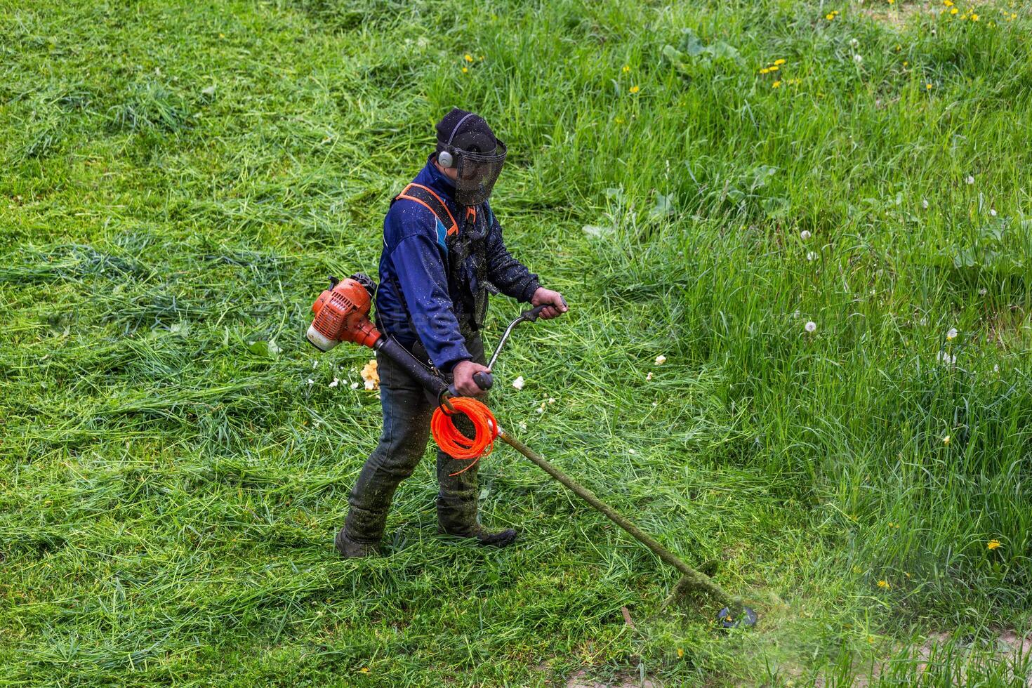 cortacésped hombre con cuerda recortadora guarnición césped a soleado día foto