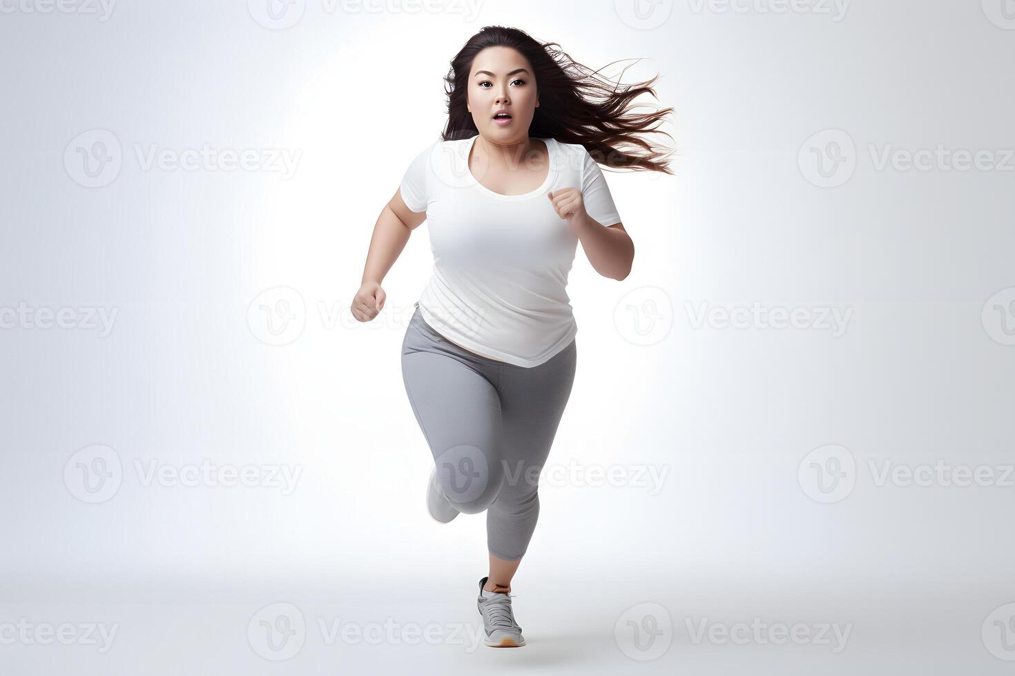 AI generated Overweight Asian woman running on white background, concept of overweight and weight loss. Neural network generated photorealistic image photo