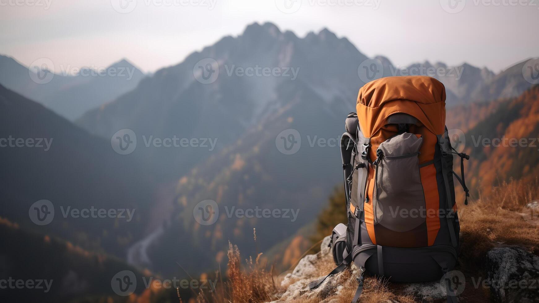 AI generated Big hiking and trekking backpack with blurred mountains in the background, neural network generated picture photo