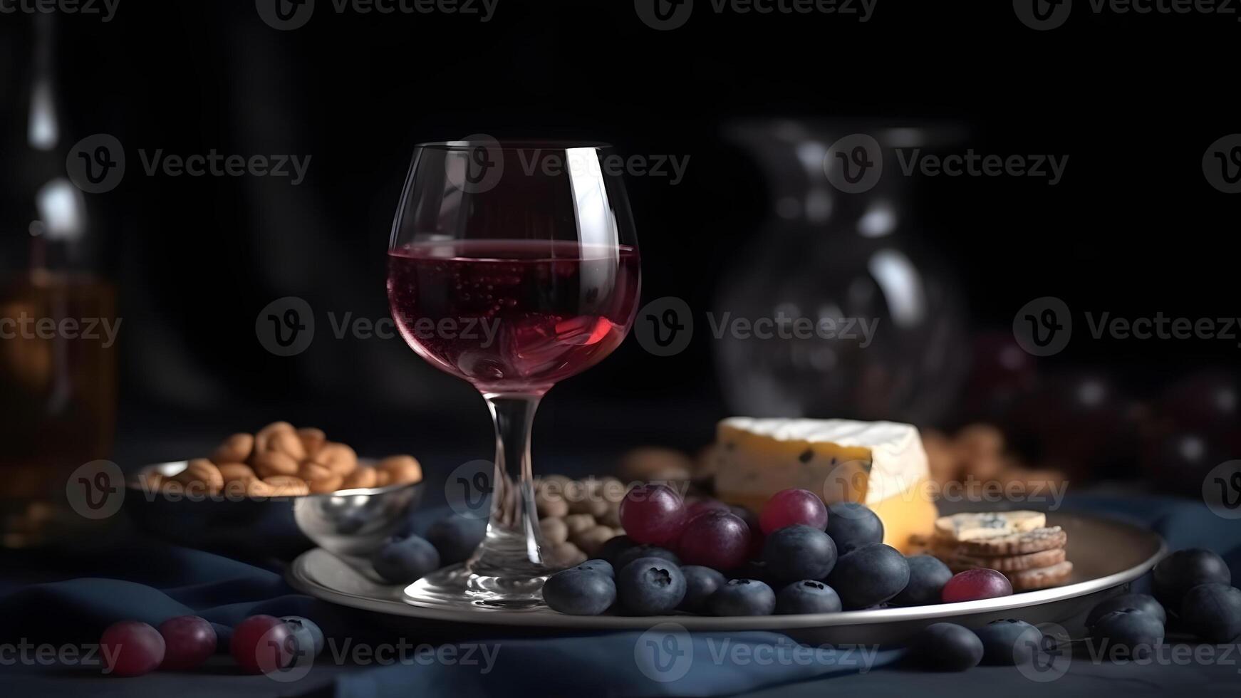 AI generated transparent glasses with red wine in front of grapes and cheese, neural network generated image photo