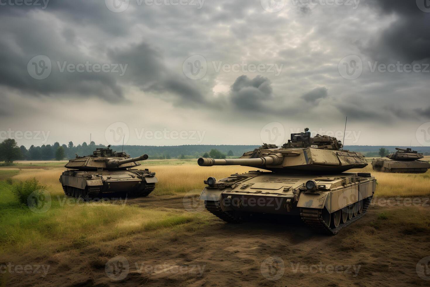 AI generated western tanks on Ukrainian battlefields, neural network generated image photo