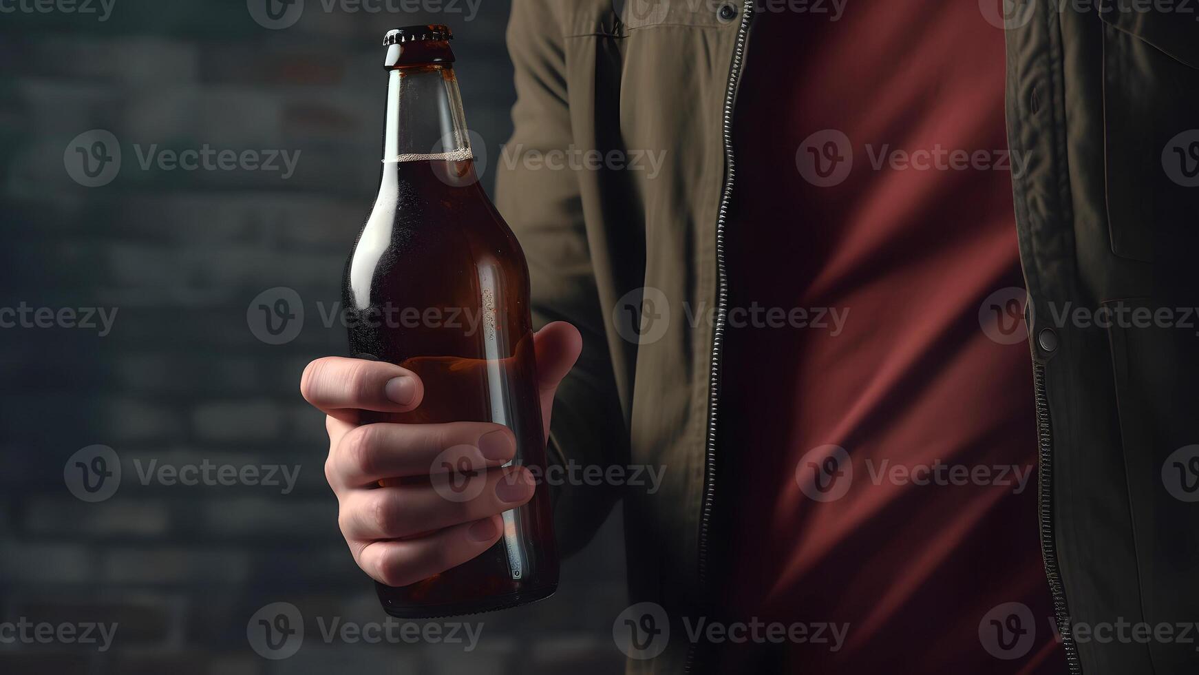 AI generated close up of caucasian man holding a brown bottle of beer in his hand on black background, neural network generated photorealistic image photo