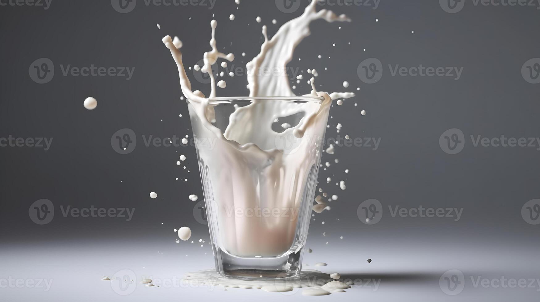 AI generated glass of milk with crown of splashes on grey background, neural network generated image photo