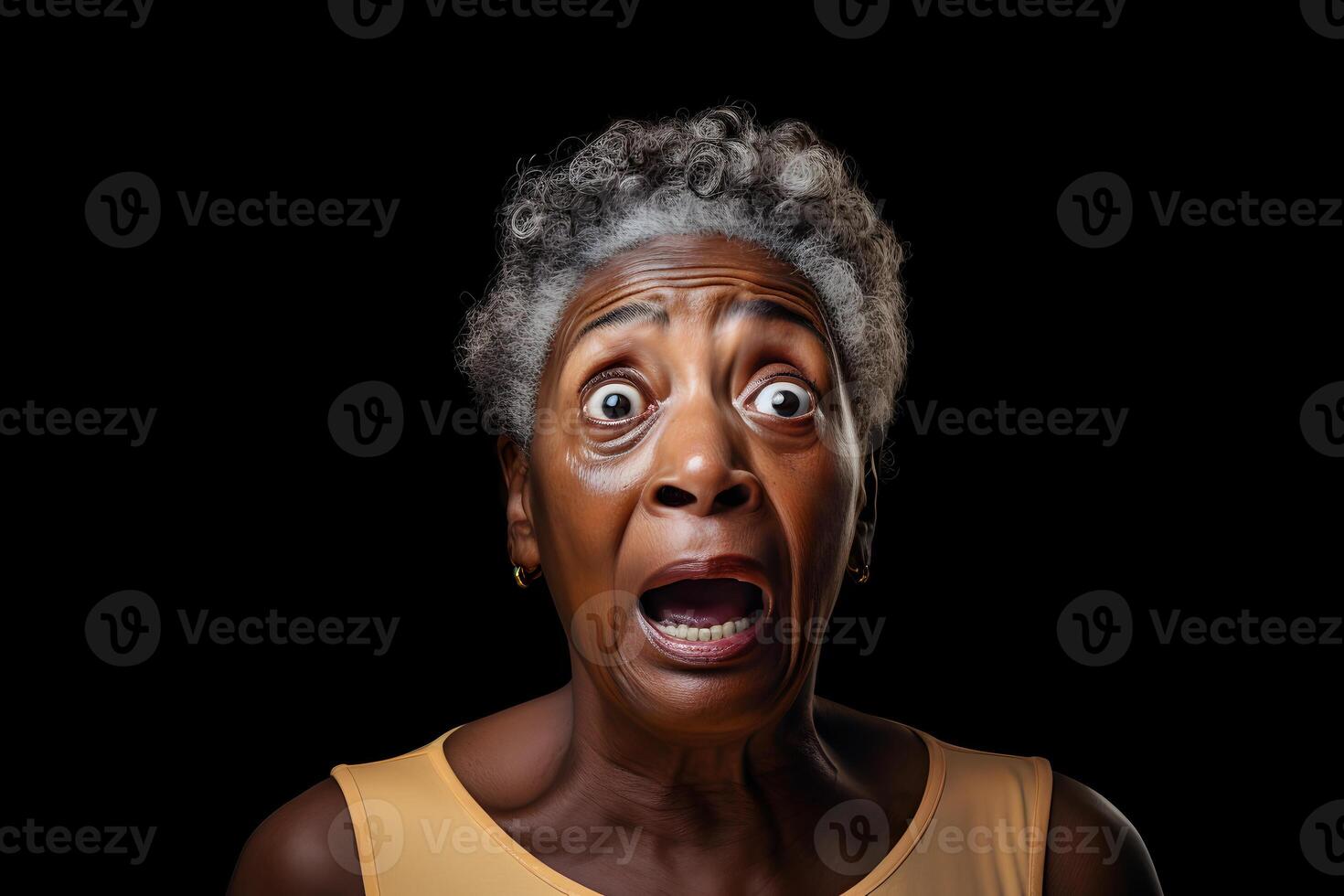 AI generated surprised senior African American woman, head and shoulders portrait on black background. Neural network generated image photo