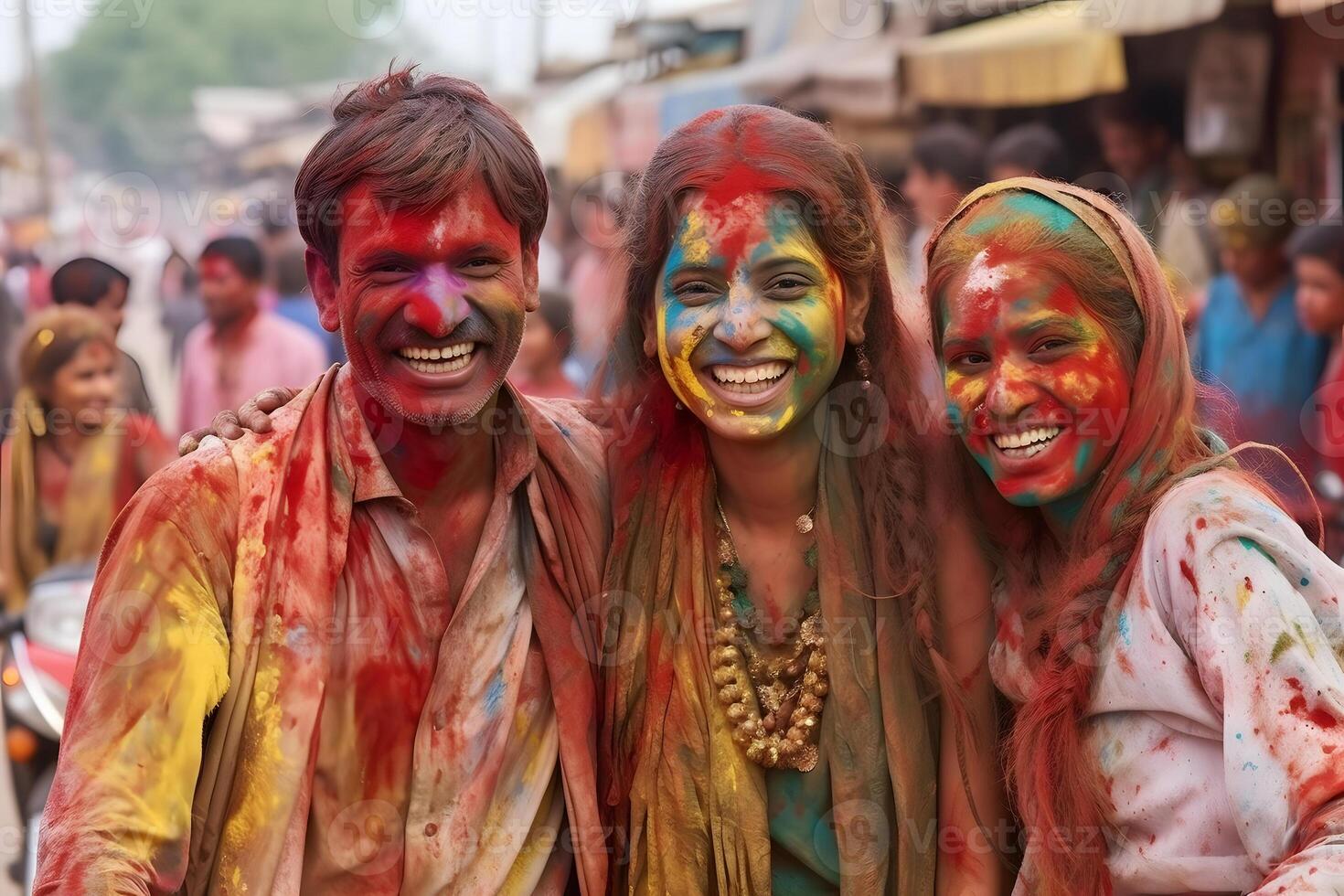 ai generado sonriente gente, de colores contento caras con vibrante colores durante el celebracion de el holi festival en India. neural red generado imagen foto
