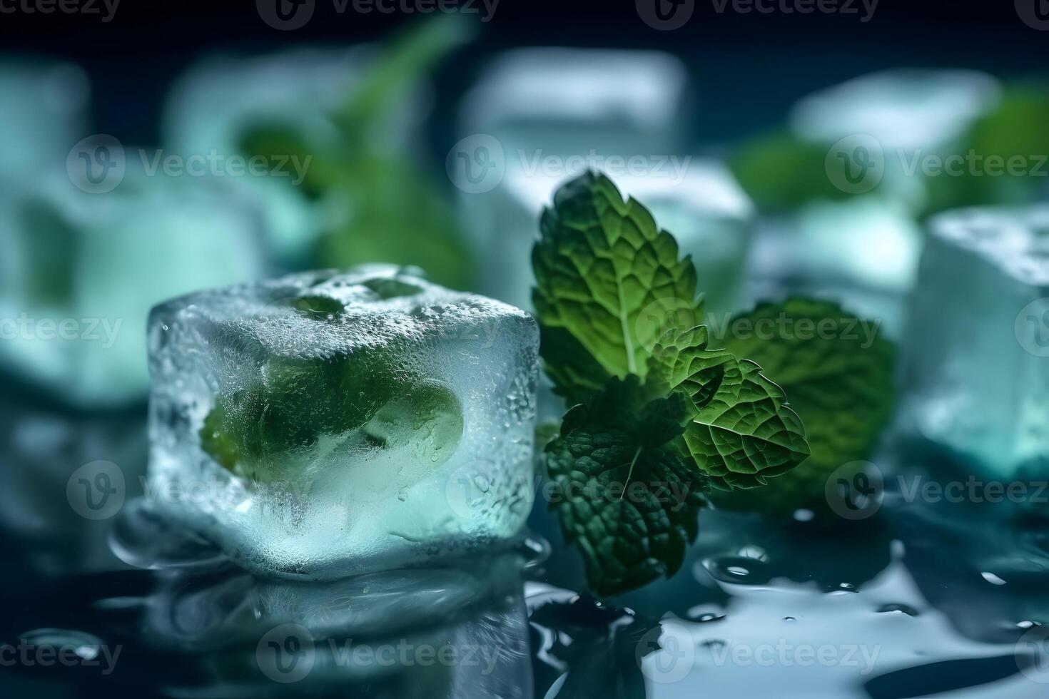 AI generated Ice cubes with fresh green mint leaves closeup on dark background, neural network generated image photo