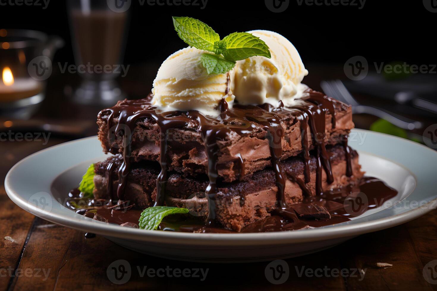 AI generated Slice of delicious and rich chocolate cake, served with a scoop of vanilla ice cream on top. Neural network generated photorealistic image photo