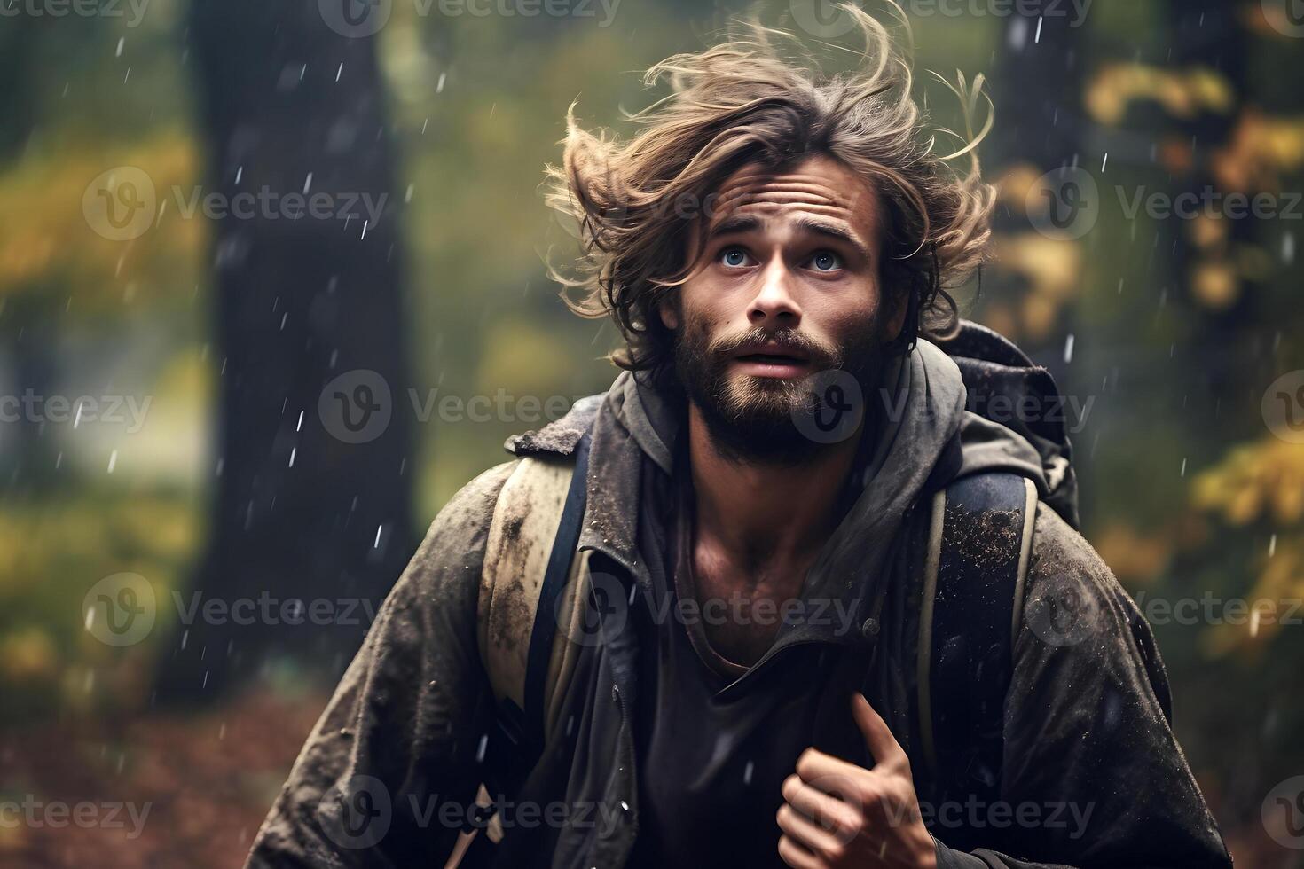 AI generated Young adult Caucasian man lost in autumn forest at day, neural network generated photorealistic image photo