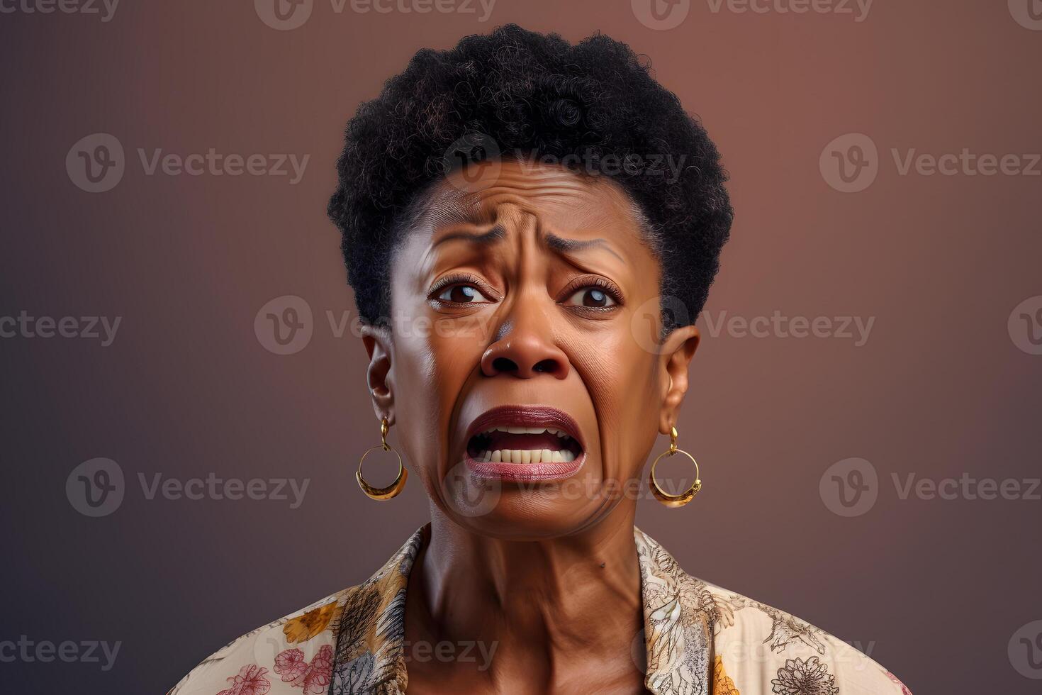 AI generated Angry senior African American woman screaming, head and shoulders portrait on brown background. Neural network generated image photo
