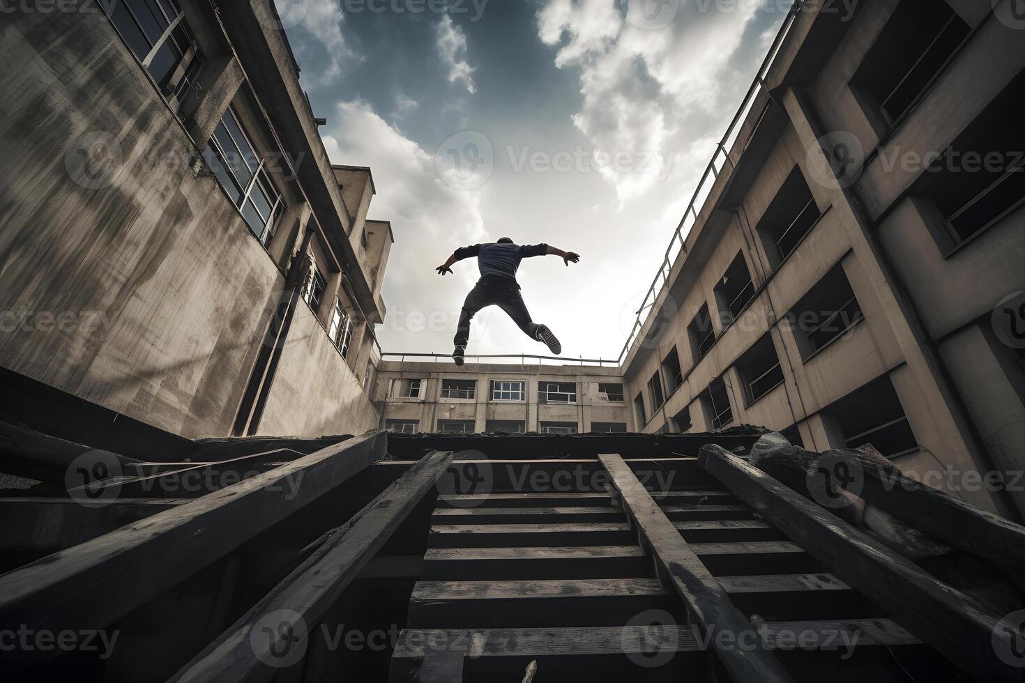 AI generated Young Parkour and Freerunning athlet trianing in an urban enviroment with a blue sky in the background, neural network generated art photo