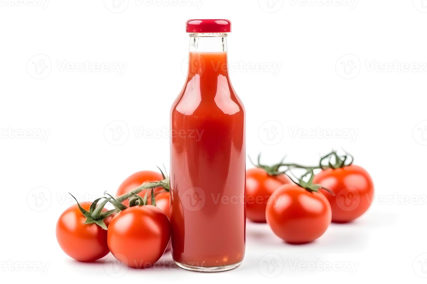 AI generated Glass bottle of tomato ketchup and some tomatoes isolated on white background, neural network generated image photo