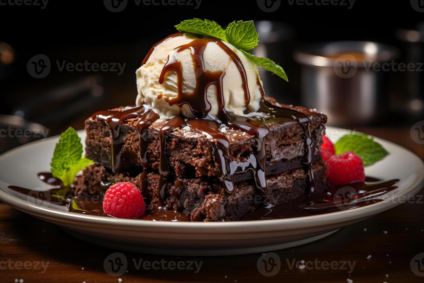 AI generated Slice of delicious and rich chocolate cake, served with a scoop of vanilla ice cream on top and raspberries. Neural network generated photorealistic image photo