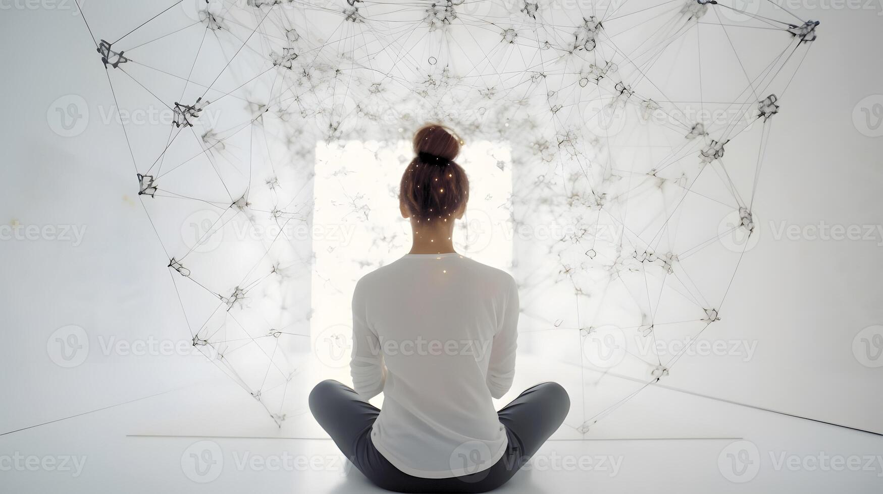 AI generated woman sitting in meditative lotus position in front of and surrounded with network of connected spots, neural network generated art photo