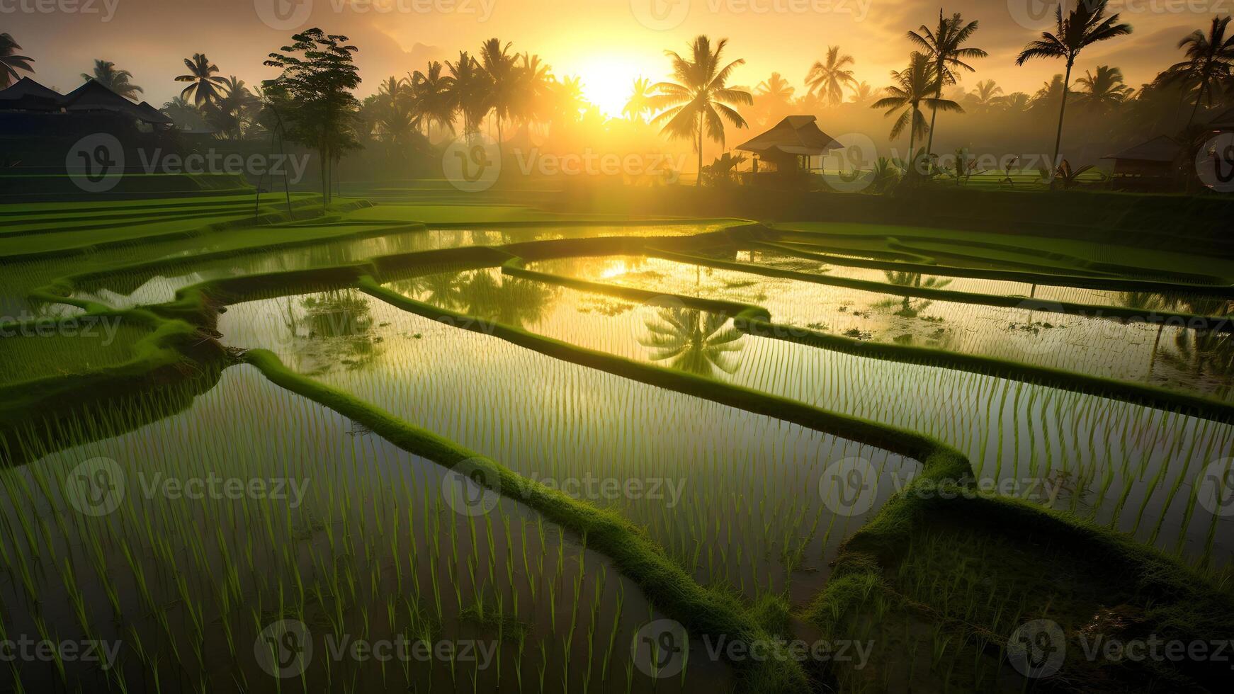 AI generated ricefields with intense light green color in the sunrise, neural network generated photorealistic image photo