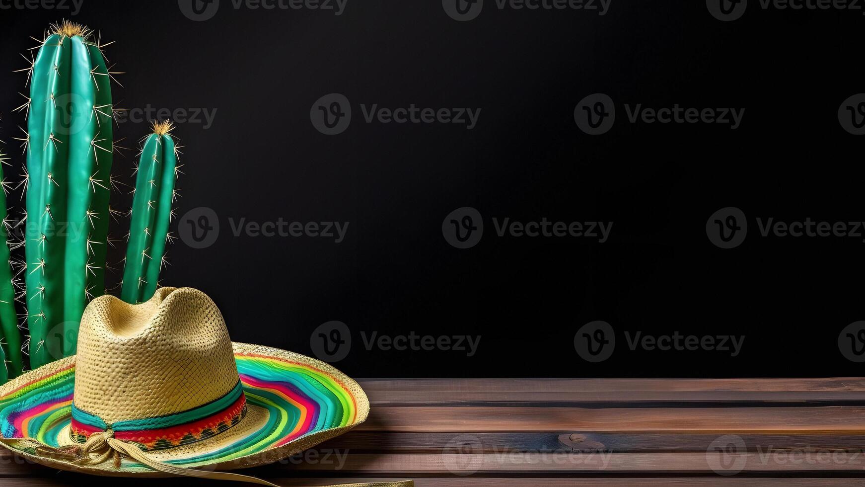 AI generated Cinco de Mayo holiday background with Mexican cactus, sombrero hat on wooden surface, neural network generated image photo