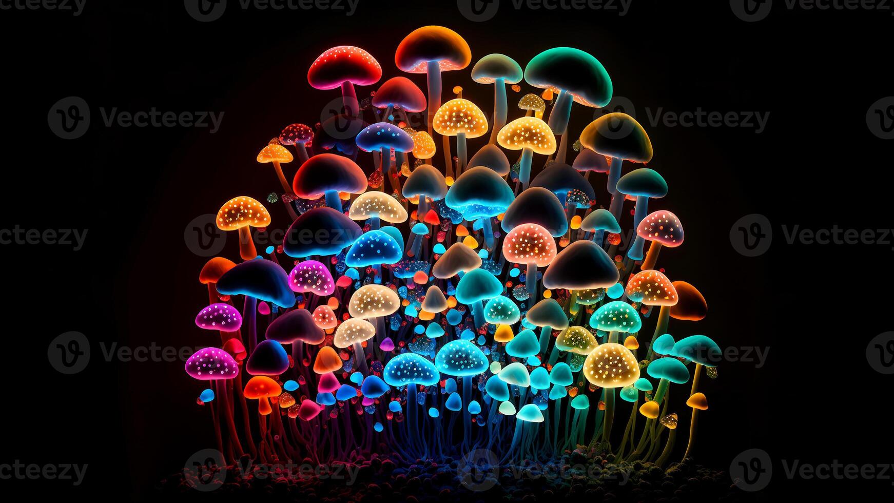 AI generated glowing colorful transparent mushrooms on black background, neural network generated art photo