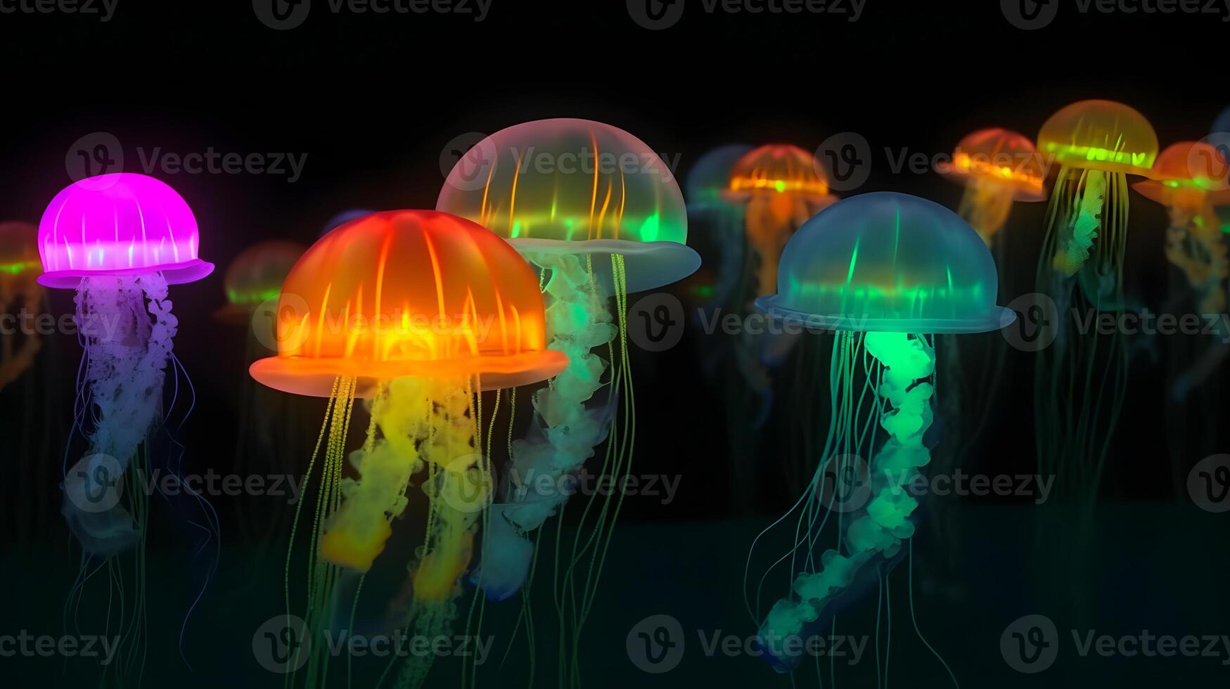 AI generated glowing sea jellyfishes on dark background, neural network generated image photo