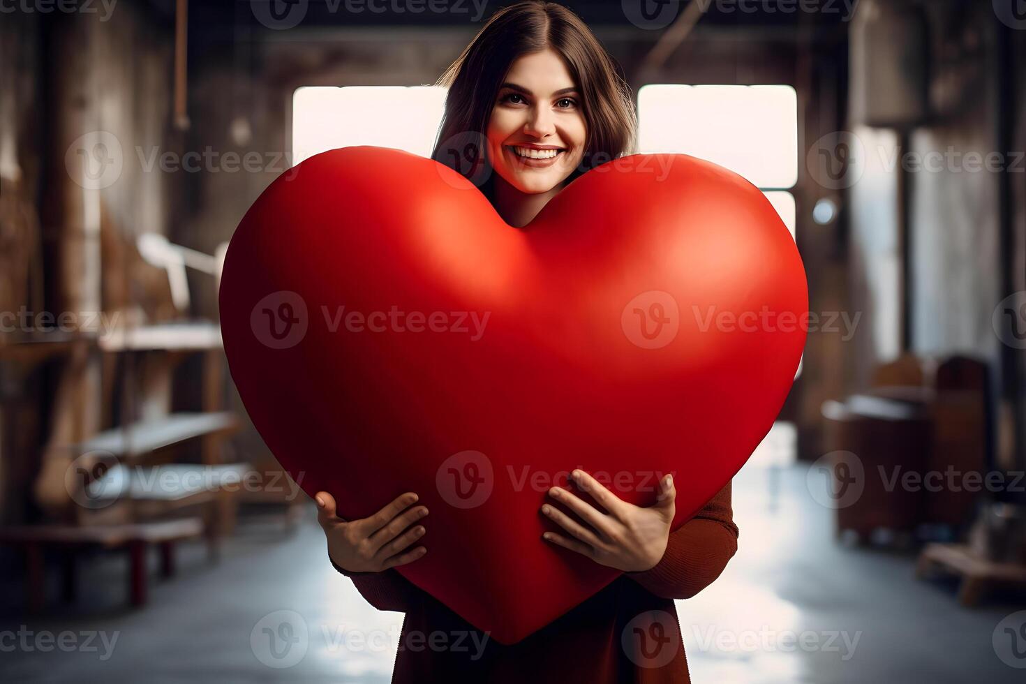 AI generated Caucasian brunette woman holding big red heart indoors, neural network generated photorealistic image photo