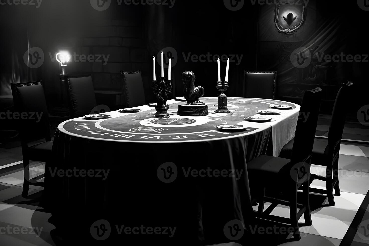 AI generated Secret society black oval table with mysterious symbols, candles, chairs and plates, neural network generated image photo