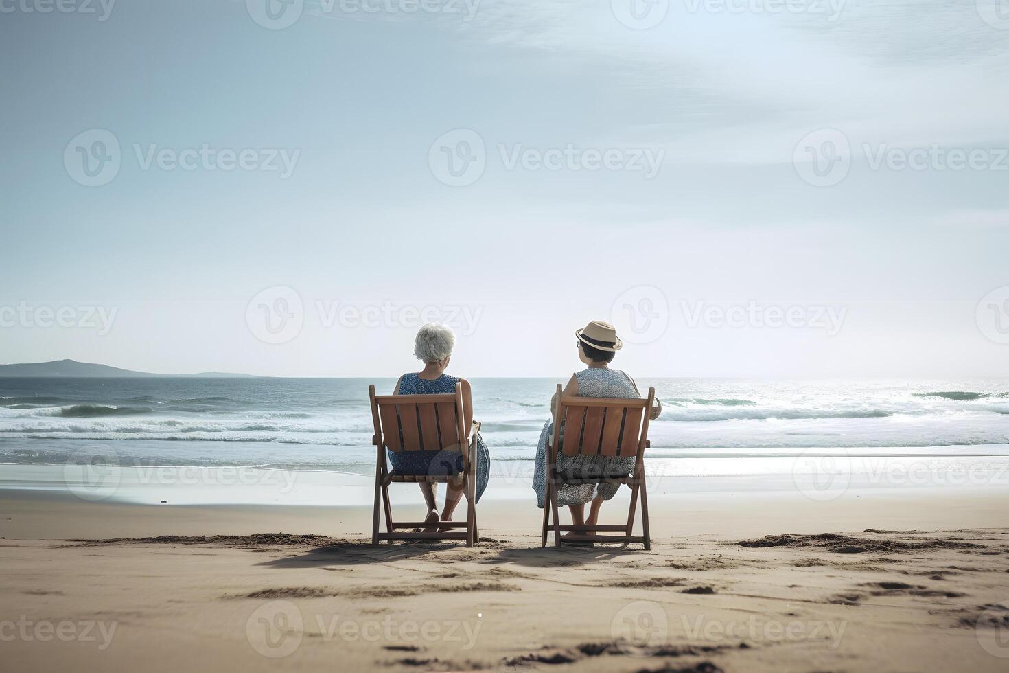 AI generated two women sitting on chairs at beach looking at sea horizon, neural network generated art photo