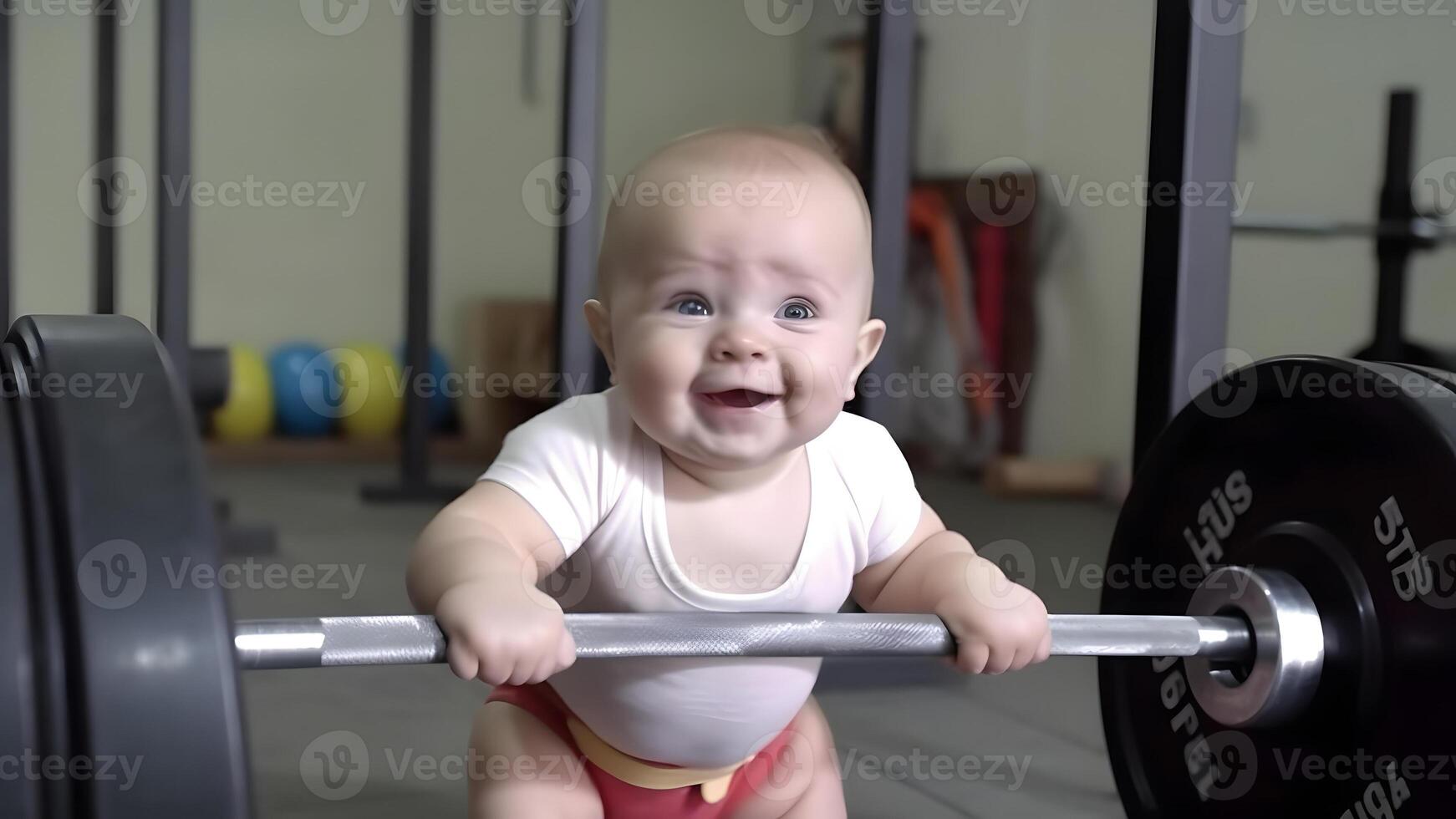 ai generado pequeño sonriente caucásico fuerte bebé chico ascensores un 400 kg barra con pesas, neural red generado imagen foto