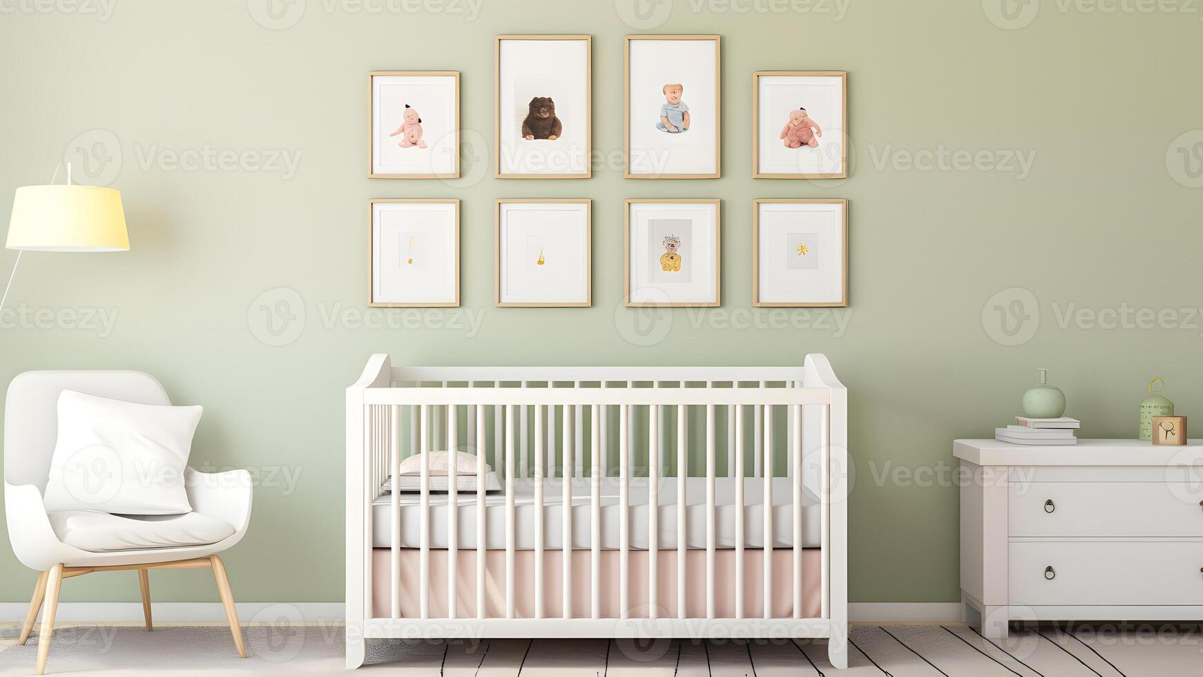 AI generated Bright white minimalist nursery wall with frames above cradle, neural network generated image photo