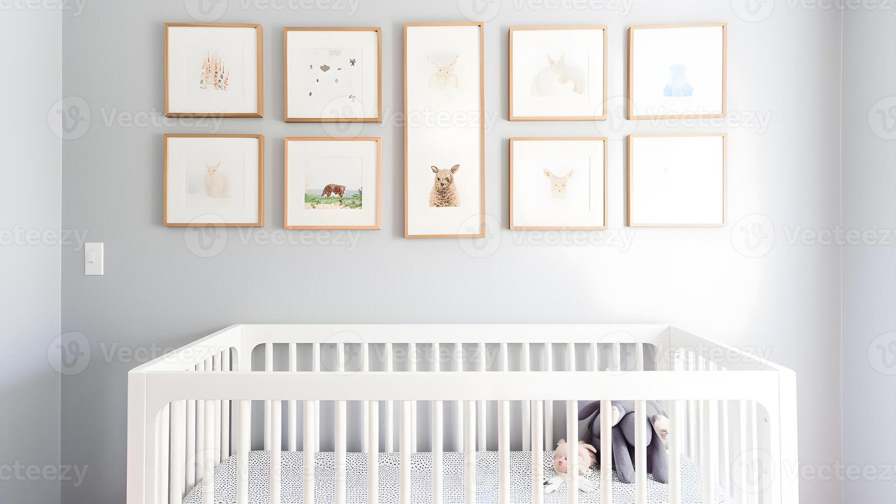 AI generated Bright white minimalist nursery wall with frames above cradle, neural network generated image photo