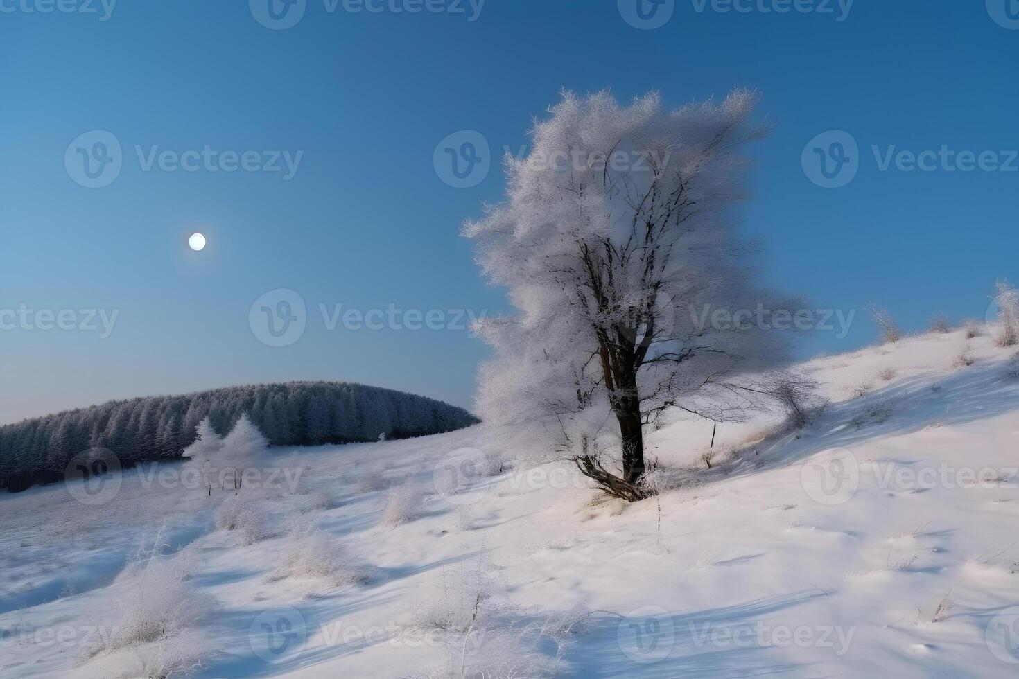 AI generated White Christmas landscape. Snowy tree on a hill with moon in the Blue sky, neural network generated image photo