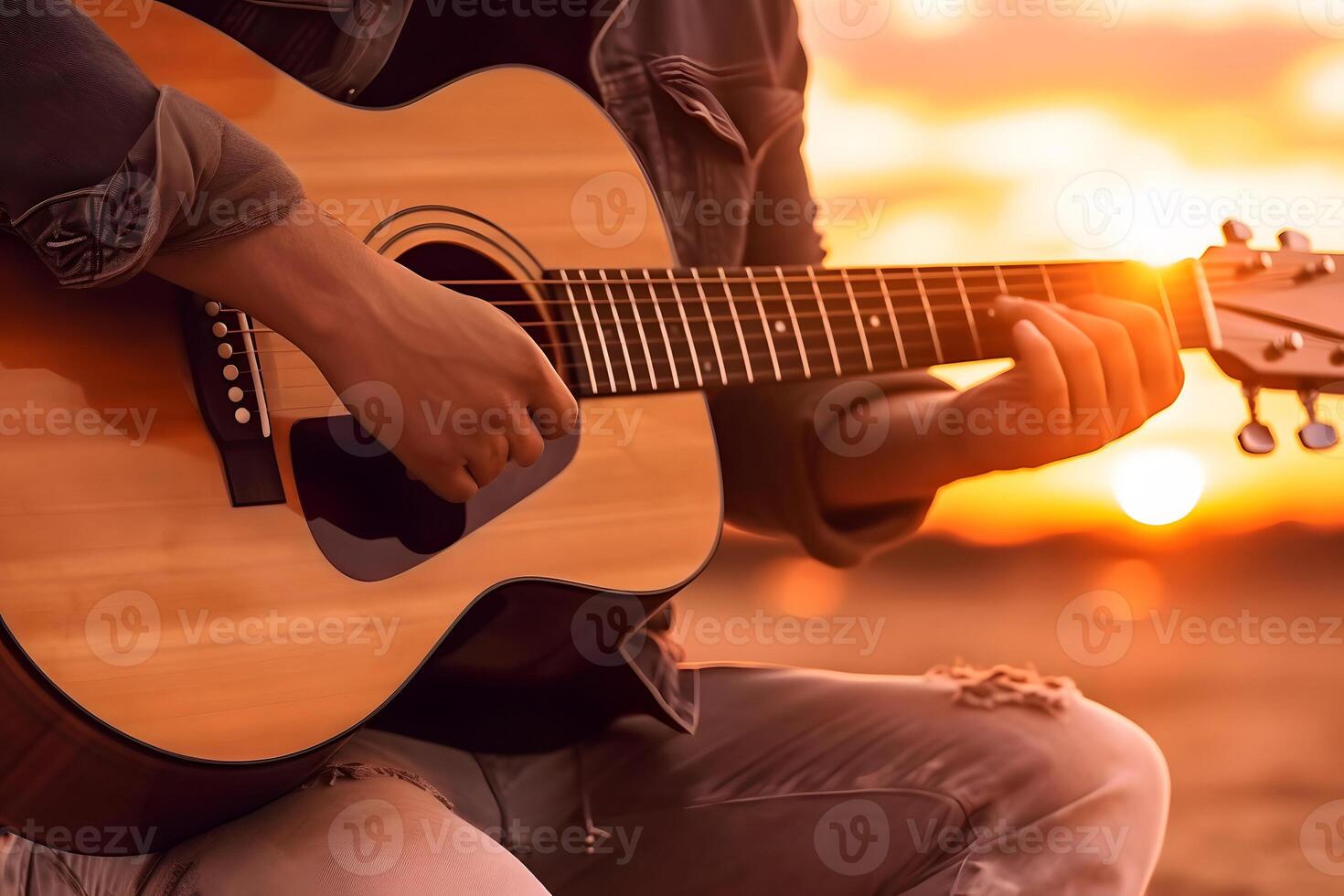 AI generated Caucasian man playing acoustic guitar on sandy beach at sunset time. Playing music concept, neural network generated photorealistic image photo