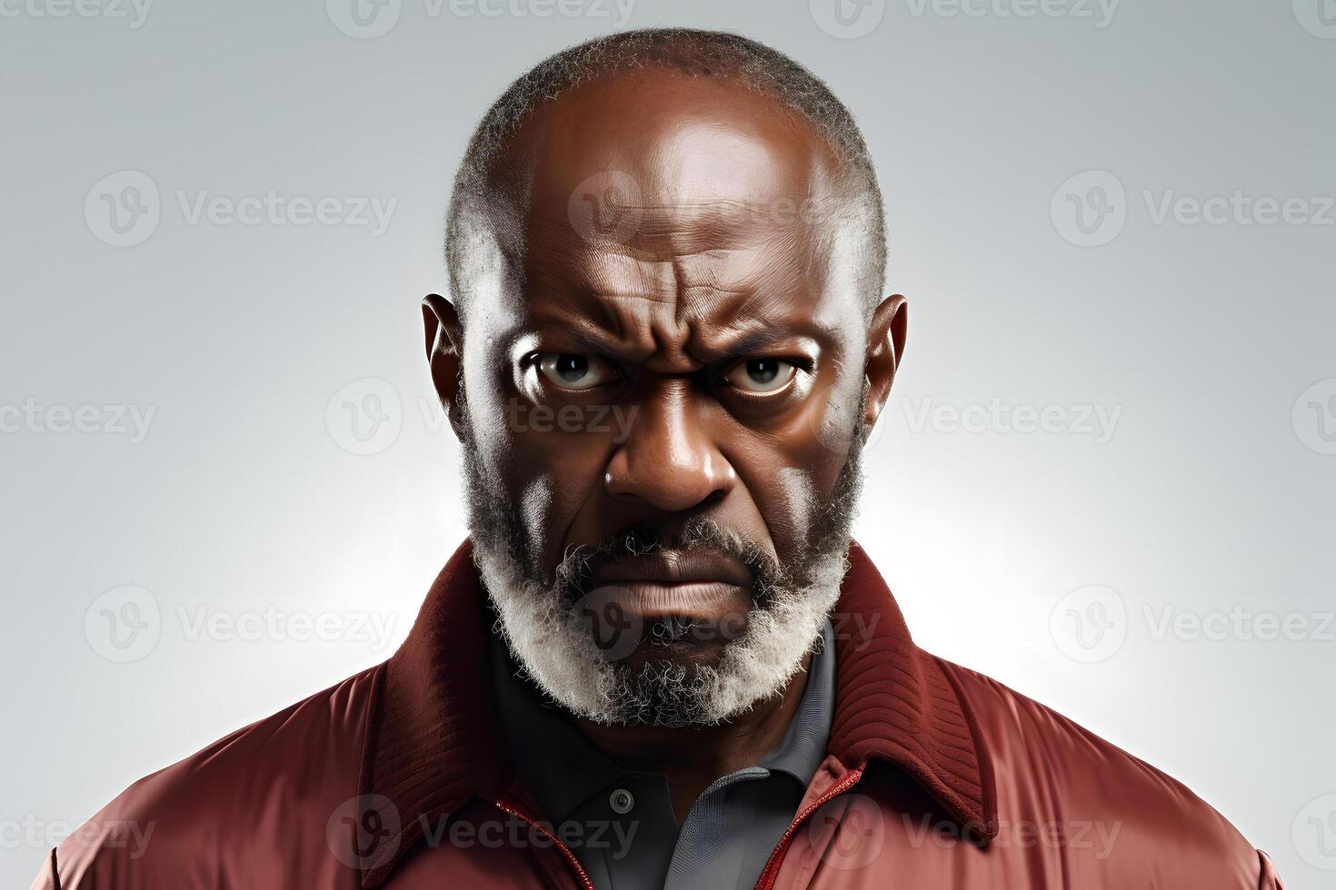 AI generated Angry African American man, head and shoulders portrait on light grey background. Neural network generated image photo